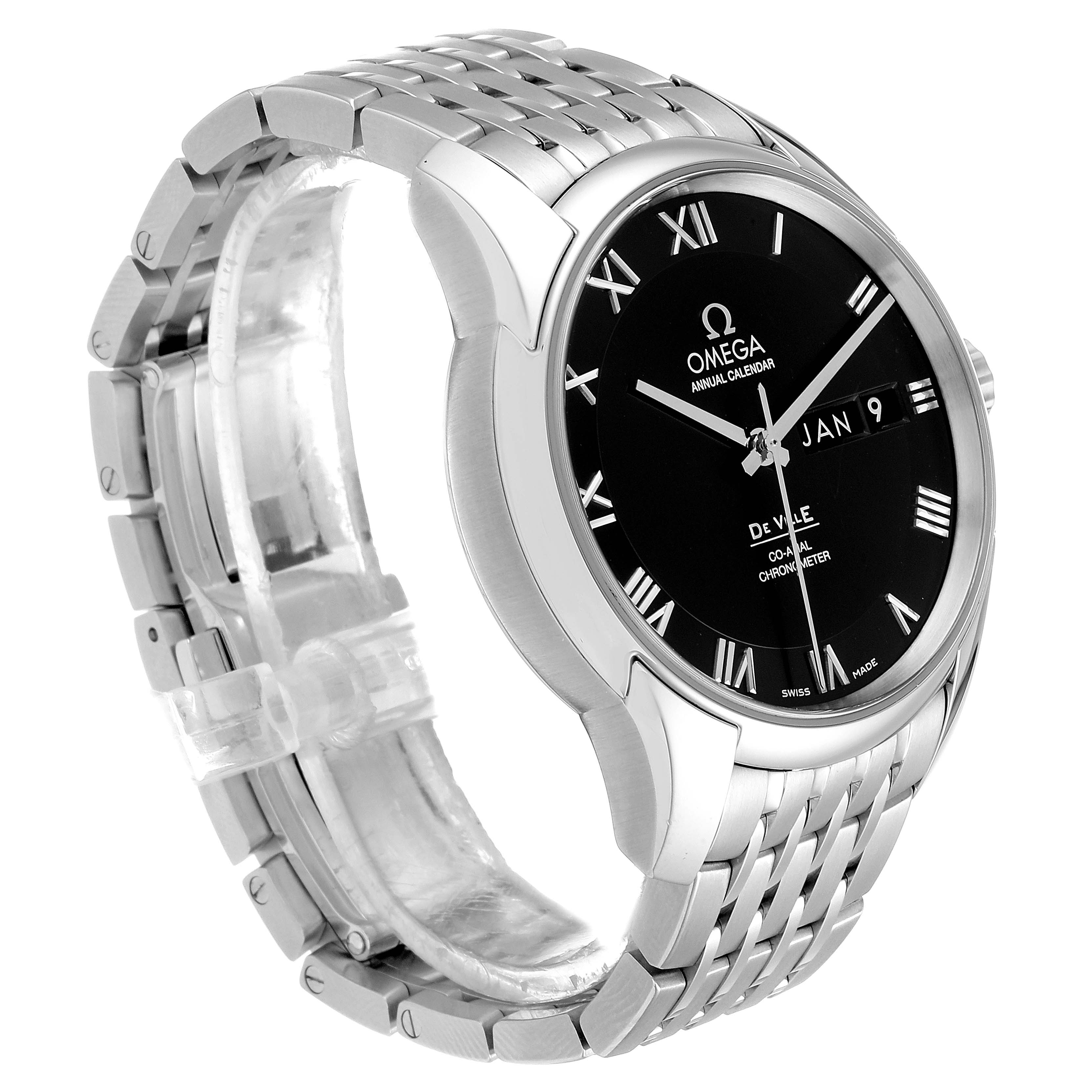 The image shows the front and side view of an Omega De Ville 431.10.41.22.01.001 Men
s Stainless Steel Black Dial 431.10.41.22.01.001 Men
s Stainless Steel Black Dial watch, highlighting its face and metal band.