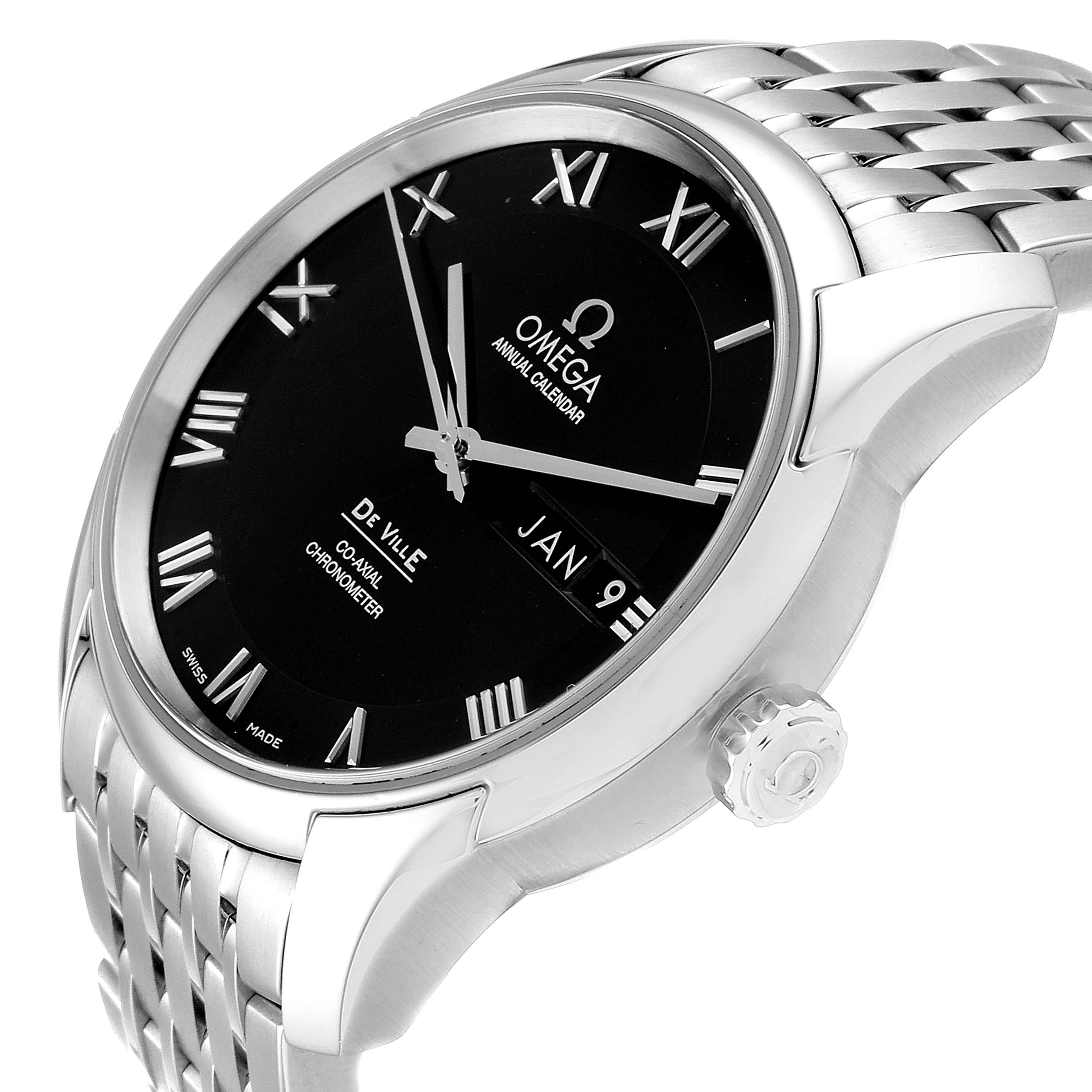 The image shows an angled view of the Omega De Ville 431.10.41.22.01.001 Men
s Stainless Steel Black Dial 431.10.41.22.01.001 Men
s Stainless Steel Black Dial watch, highlighting its black dial, silver Roman numerals, and metallic strap.