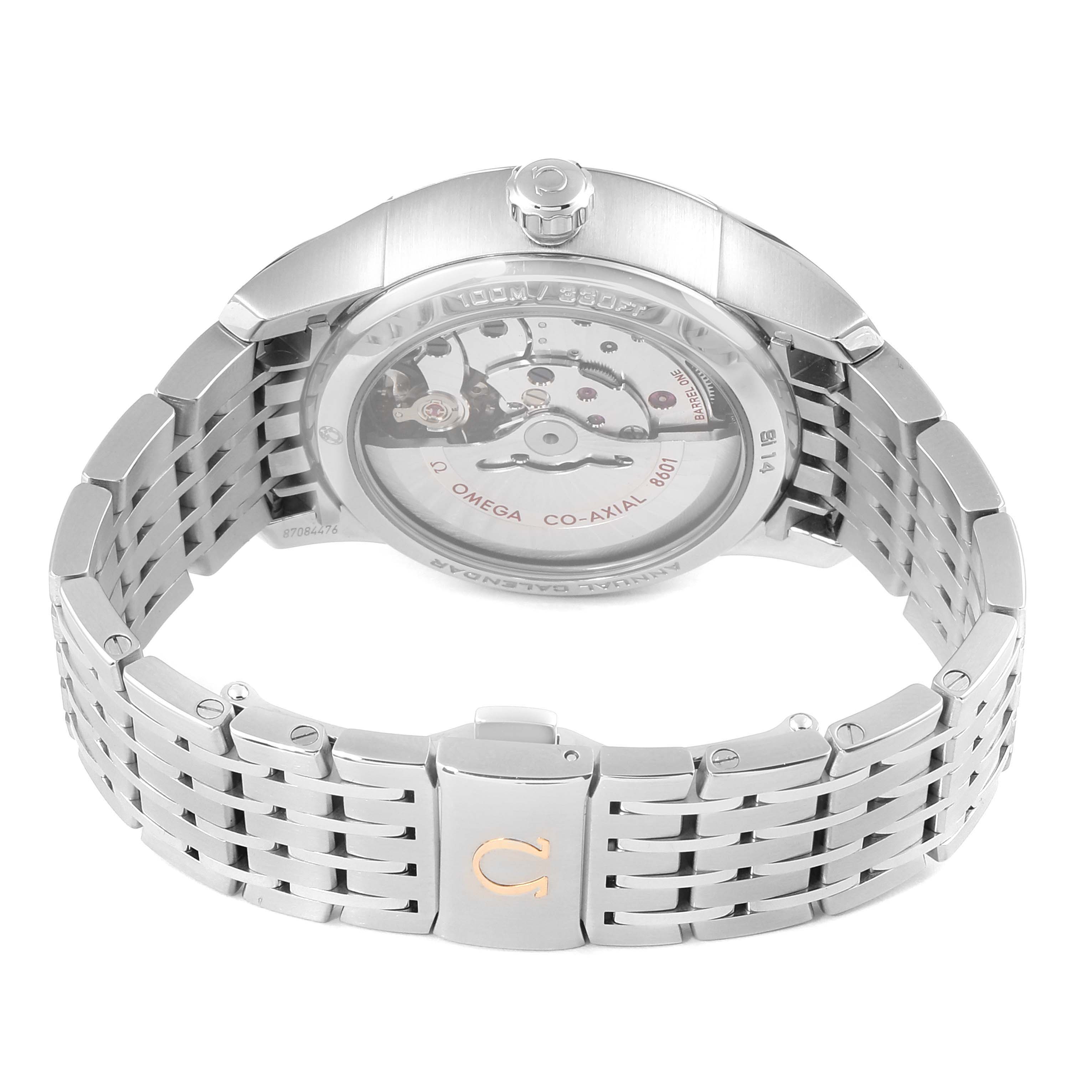 The image shows the back view of the Omega De Ville 431.10.41.22.01.001 Men
s Stainless Steel Black Dial 431.10.41.22.01.001 Men
s Stainless Steel Black Dial watch, highlighting the rear case, visible movement, and metal bracelet.