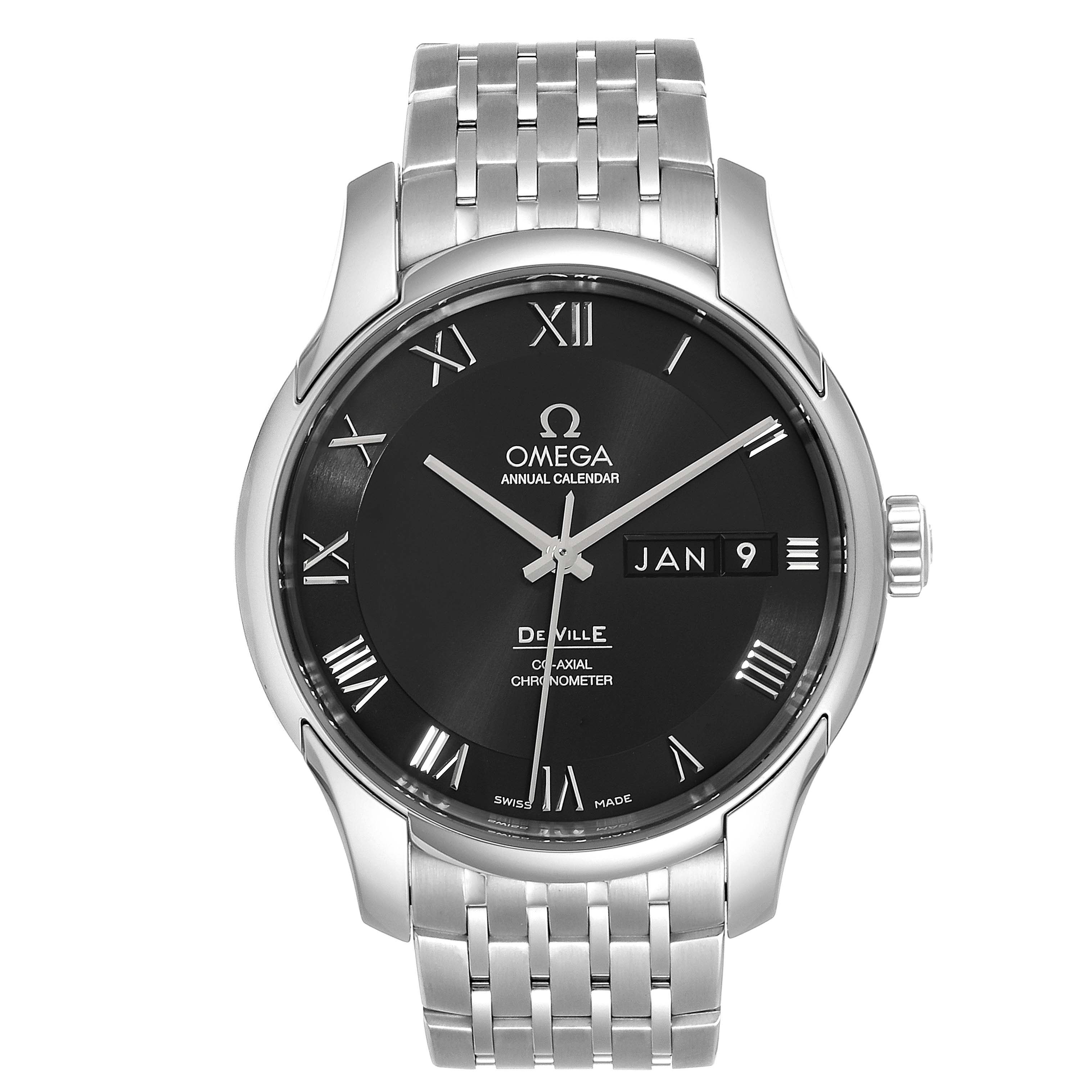 This image shows a frontal view of the Omega De Ville 431.10.41.22.01.001 Men
s Stainless Steel Black Dial 431.10.41.22.01.001 Men
s Stainless Steel Black Dial watch, highlighting its dial, hands, and stainless steel bracelet.