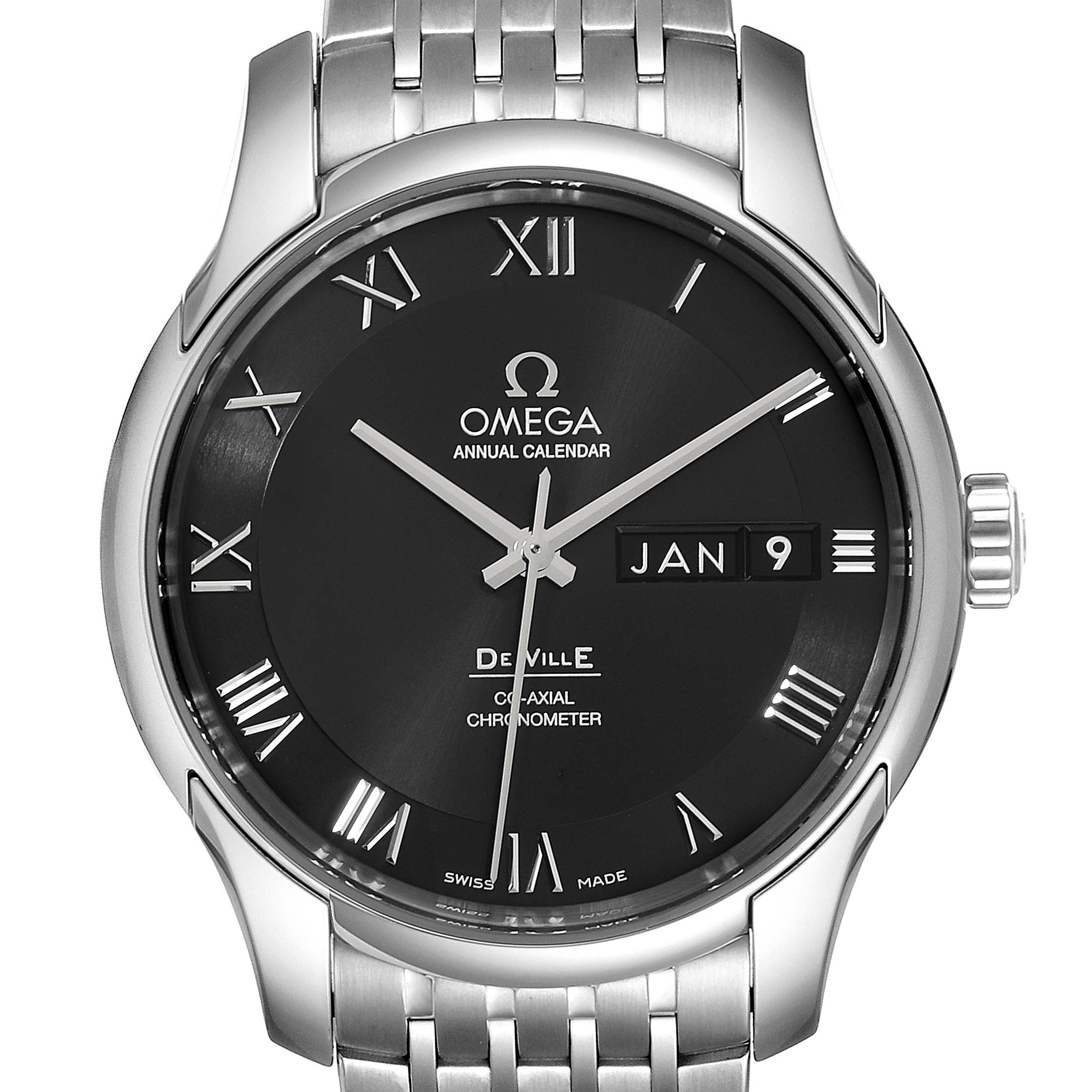 This image shows a frontal view of the Omega De Ville 431.10.41.22.01.001 Men
s Stainless Steel Black Dial 431.10.41.22.01.001 Men
s Stainless Steel Black Dial Annual Calendar watch, showcasing its dial, case, crown, and part of its bracelet.
