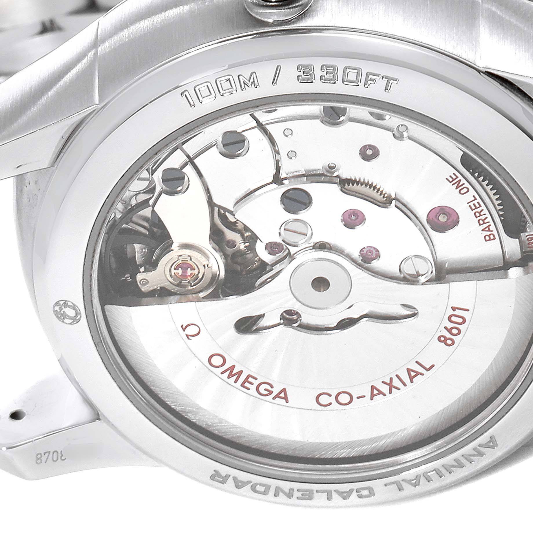 This image shows the back of an Omega De Ville 431.10.41.22.01.001 Men
s Stainless Steel Black Dial 431.10.41.22.01.001 Men
s Stainless Steel Black Dial watch, highlighting its 8601 Co-Axial movement and internal mechanisms.