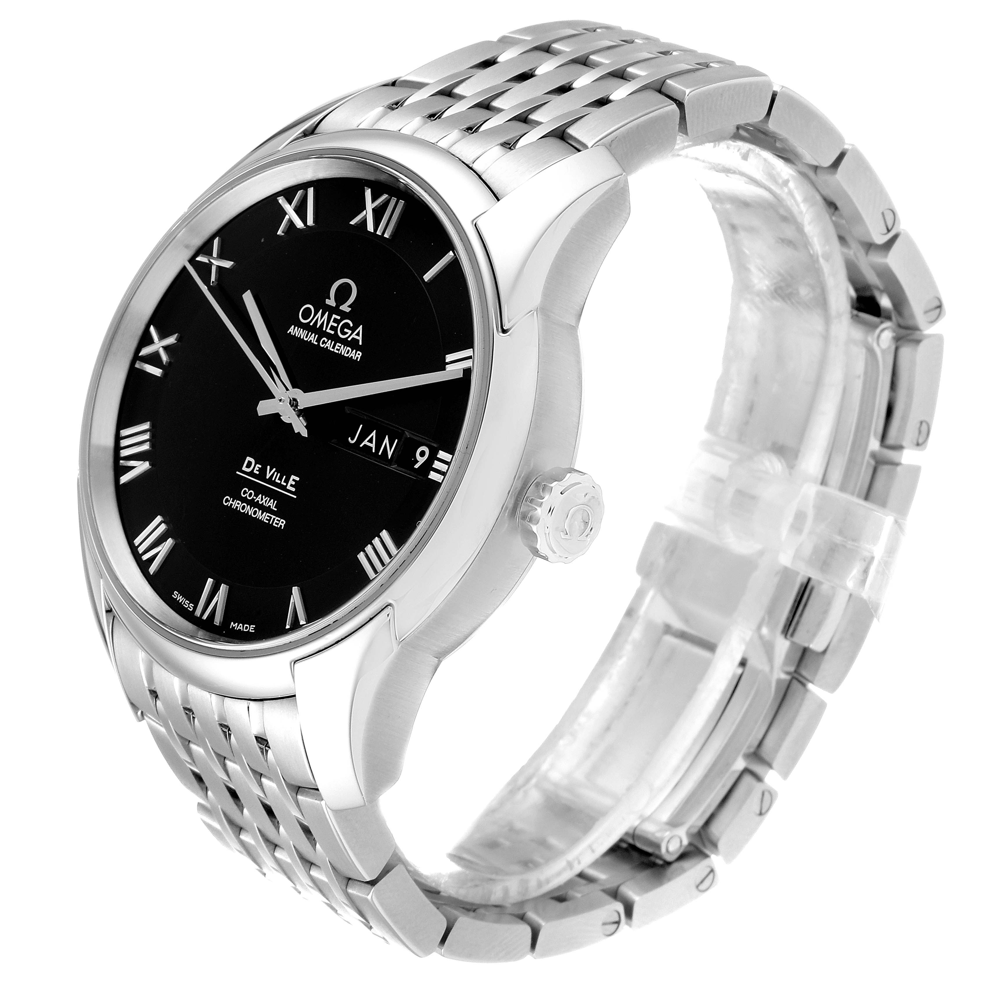 The Omega De Ville 431.10.41.22.01.001 Men
s Stainless Steel Black Dial 431.10.41.22.01.001 Men
s Stainless Steel Black Dial watch is shown from a three-quarter angle, highlighting the face, bezel, crown, and part of the metal bracelet.