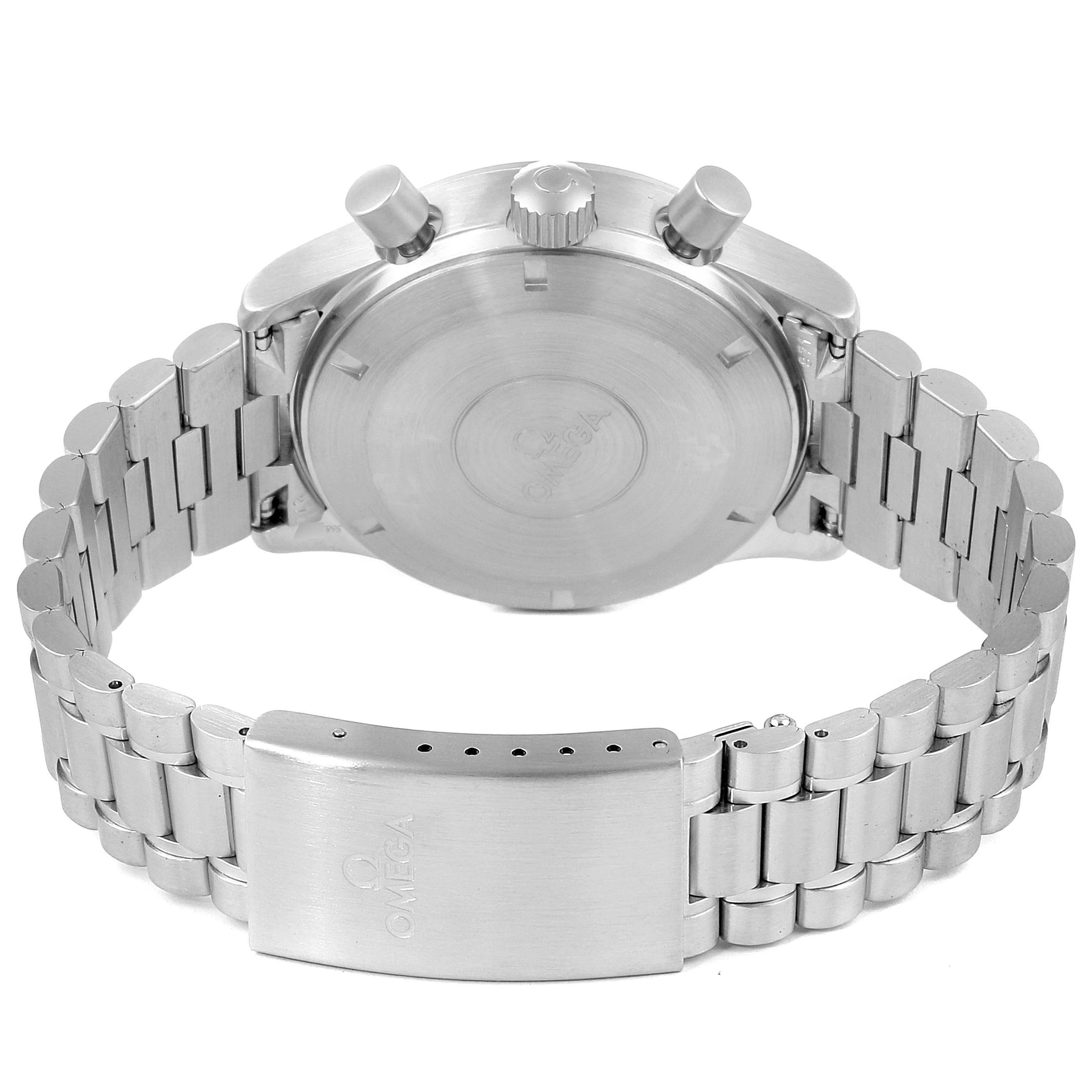 This image shows the back view of an Omega De Ville 5240.50.00 Men's Stainless Steel Black Dial 5240.50.00 Men's Stainless Steel Black Dial watch, highlighting the closed case back, crown, pushers, and stainless steel bracelet.