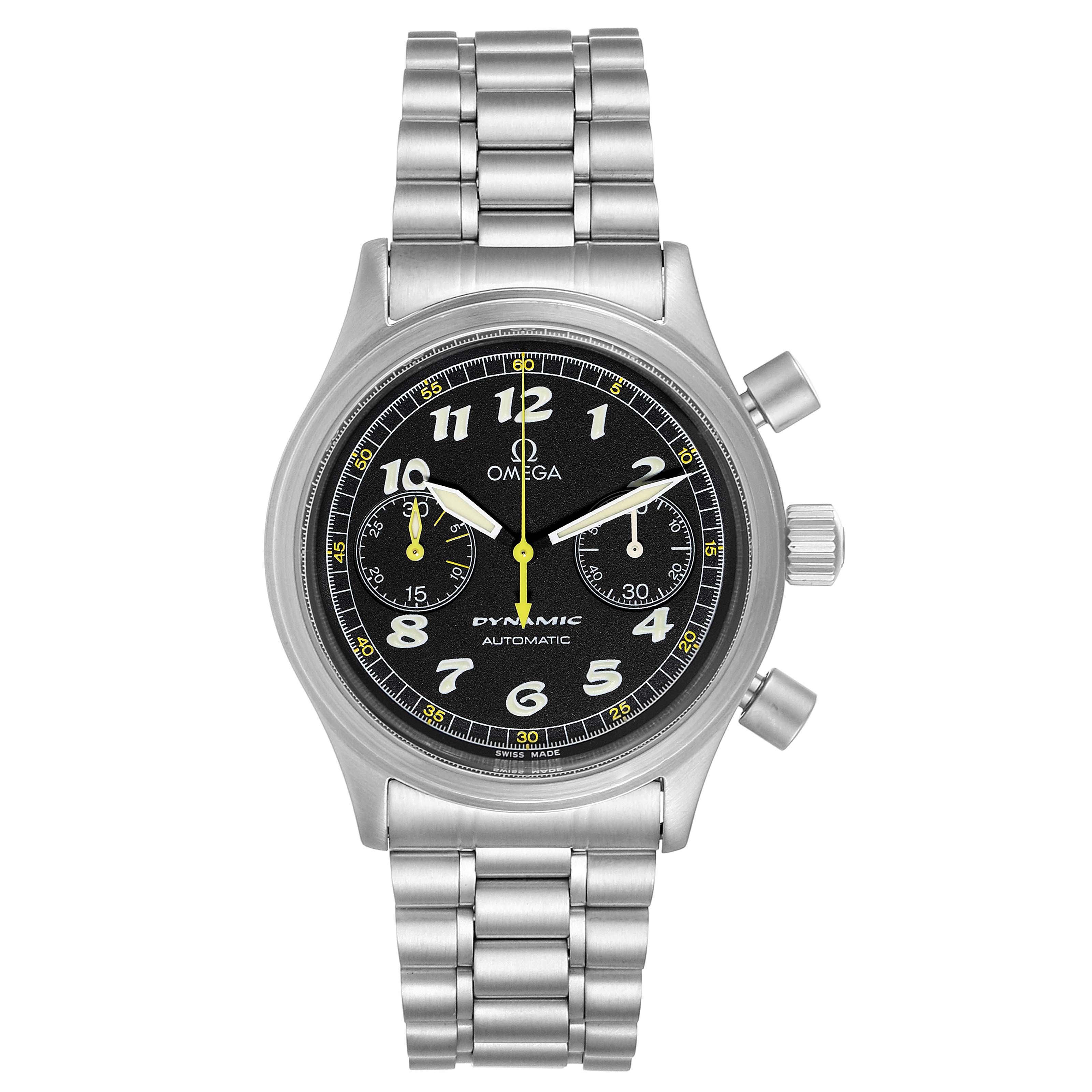 The image shows a front view of an Omega De Ville 5240.50.00 Men's Stainless Steel Black Dial 5240.50.00 Men's Stainless Steel Black Dial watch featuring its face, bracelet, and side buttons.