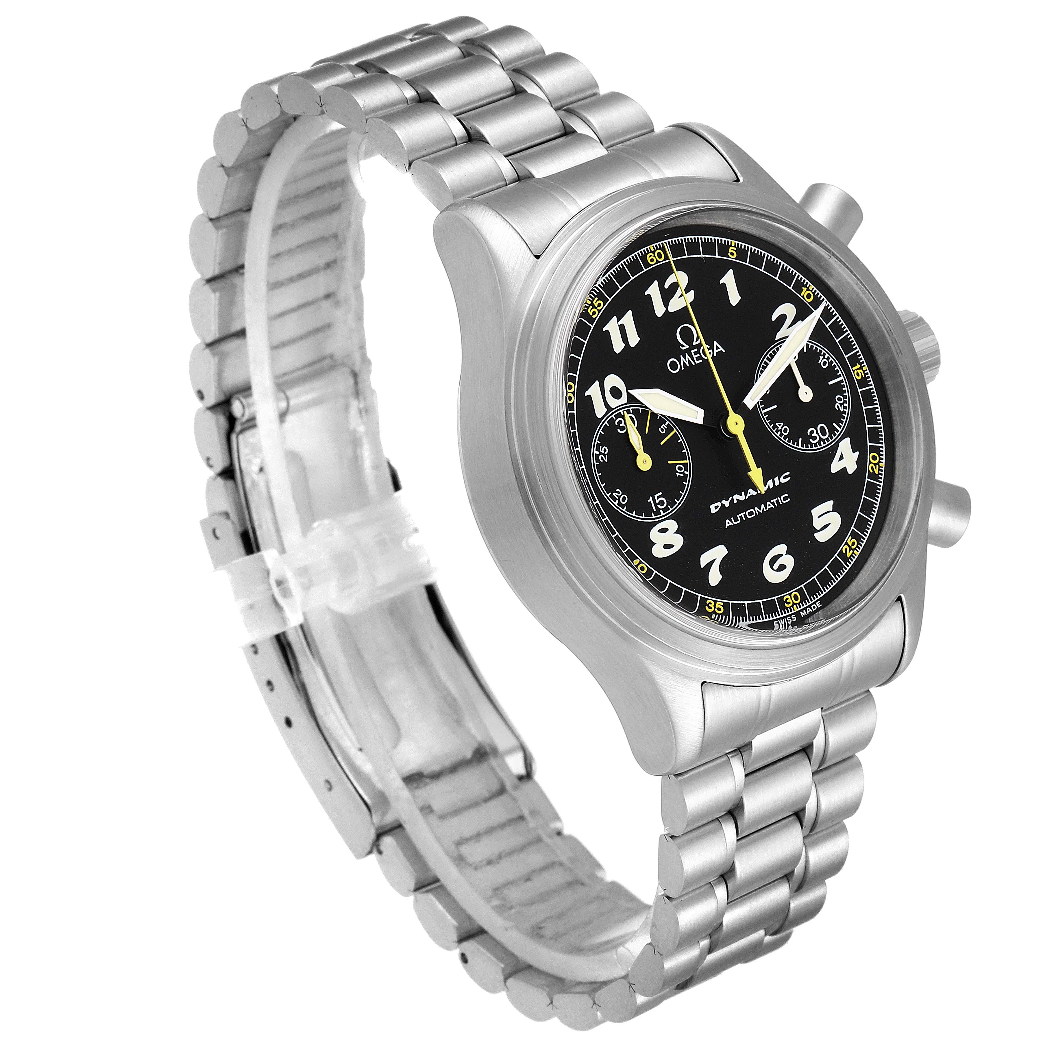 The image shows an angled side view of an Omega De Ville 5240.50.00 Men's Stainless Steel Black Dial 5240.50.00 Men's Stainless Steel Black Dial watch featuring its dial, case, and bracelet.