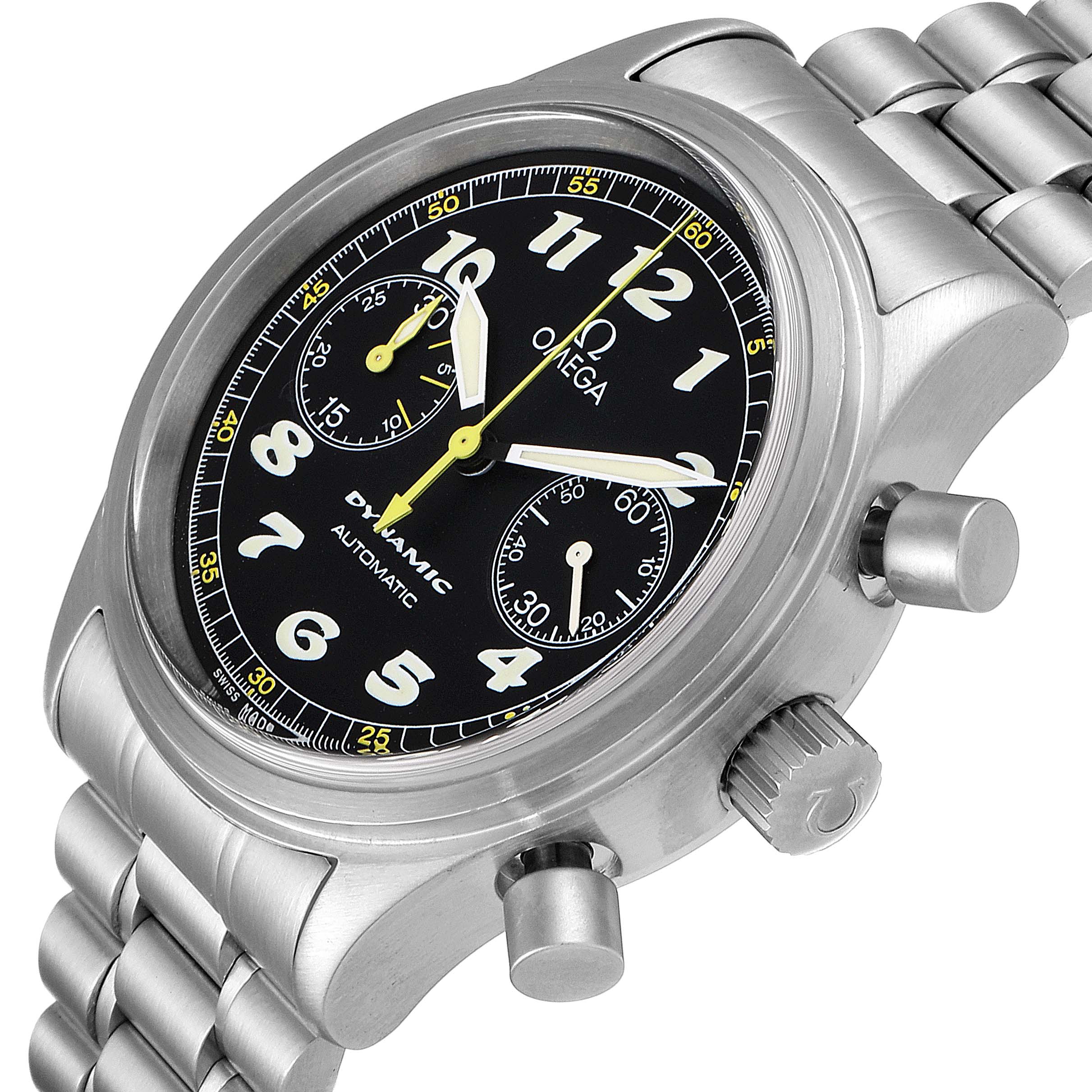 The image shows an Omega De Ville 5240.50.00 Men's Stainless Steel Black Dial 5240.50.00 Men's Stainless Steel Black Dial watch angled to display the face, side buttons, and part of the metal bracelet.