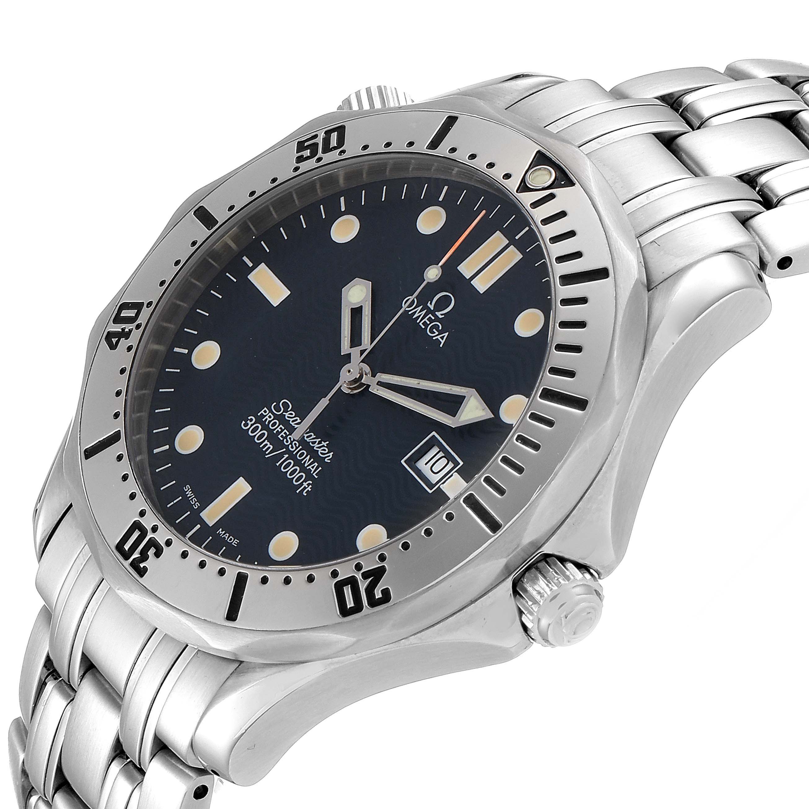 The Omega Seamaster 2542.80.00 Men
s Stainless Steel Blue Dial 2542.80.00 Men
s Stainless Steel Blue Dial watch is shown at an angle, highlighting its dial, bezel, crown, and stainless steel bracelet.