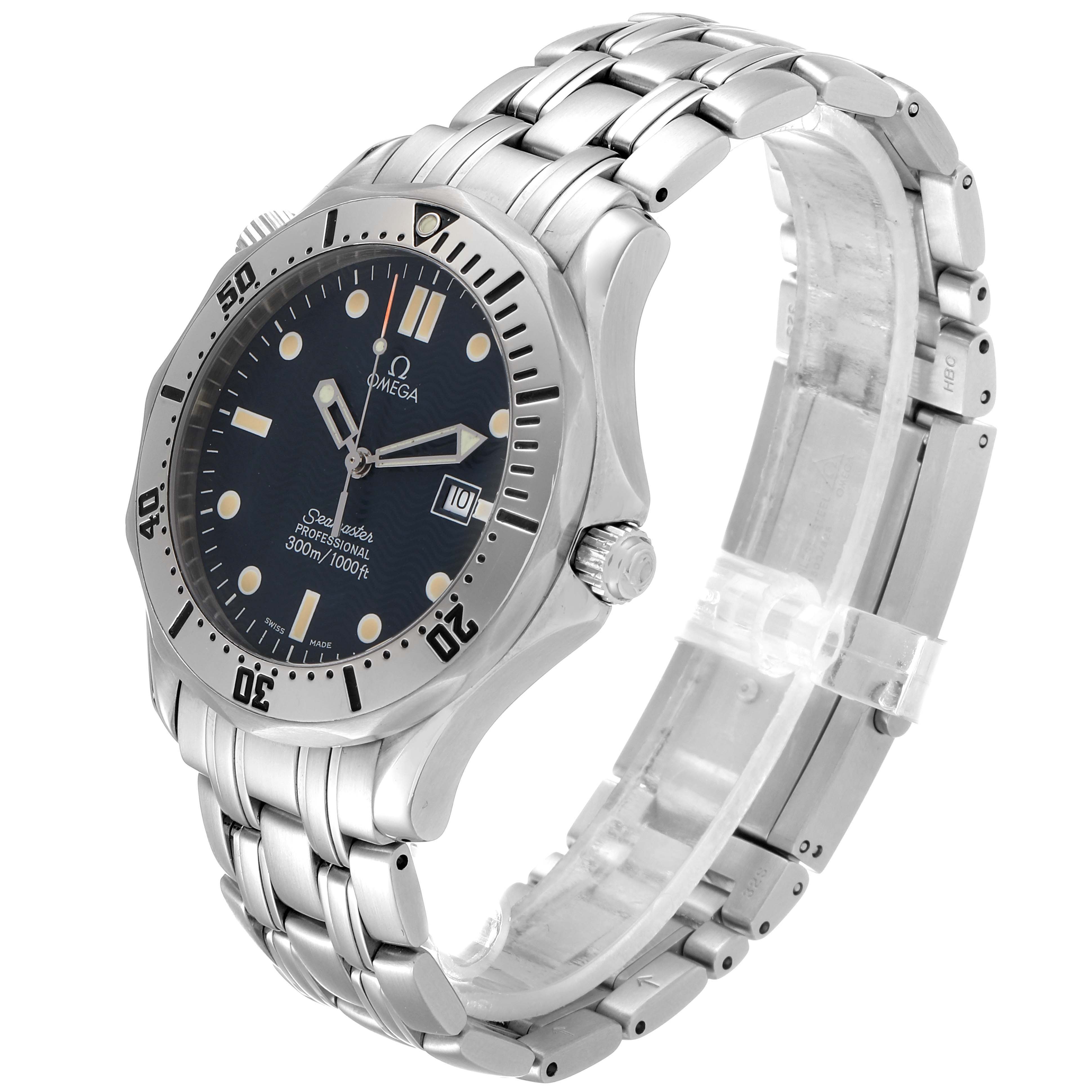 The Omega Seamaster 2542.80.00 Men
s Stainless Steel Blue Dial 2542.80.00 Men
s Stainless Steel Blue Dial watch is shown at an angle displaying the face, bezel, crown, and stainless steel bracelet.
