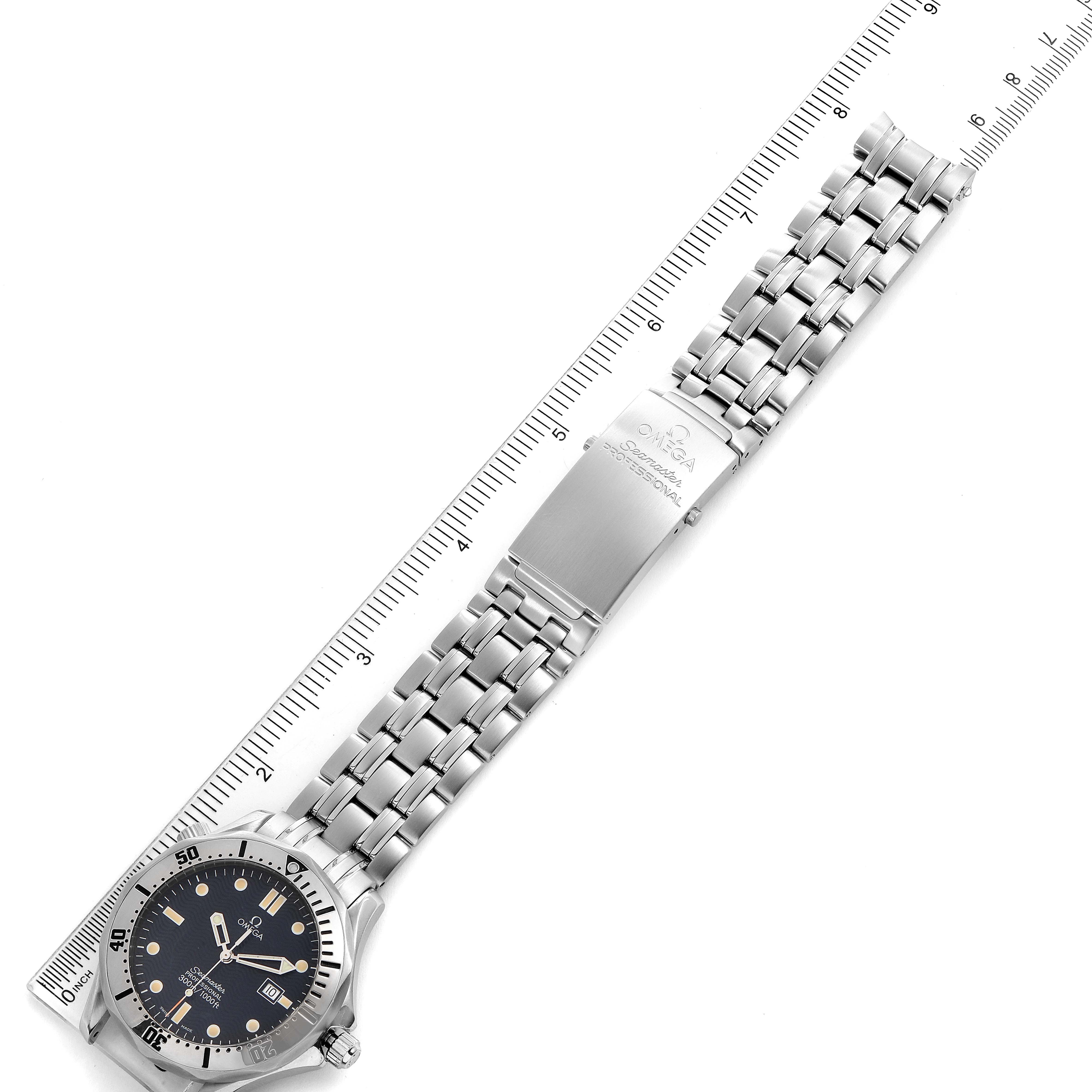 The image shows an Omega Seamaster 2542.80.00 Men
s Stainless Steel Blue Dial 2542.80.00 Men
s Stainless Steel Blue Dial watch from a top-down angle, highlighting the watch face, bezel, bracelet, and clasp.