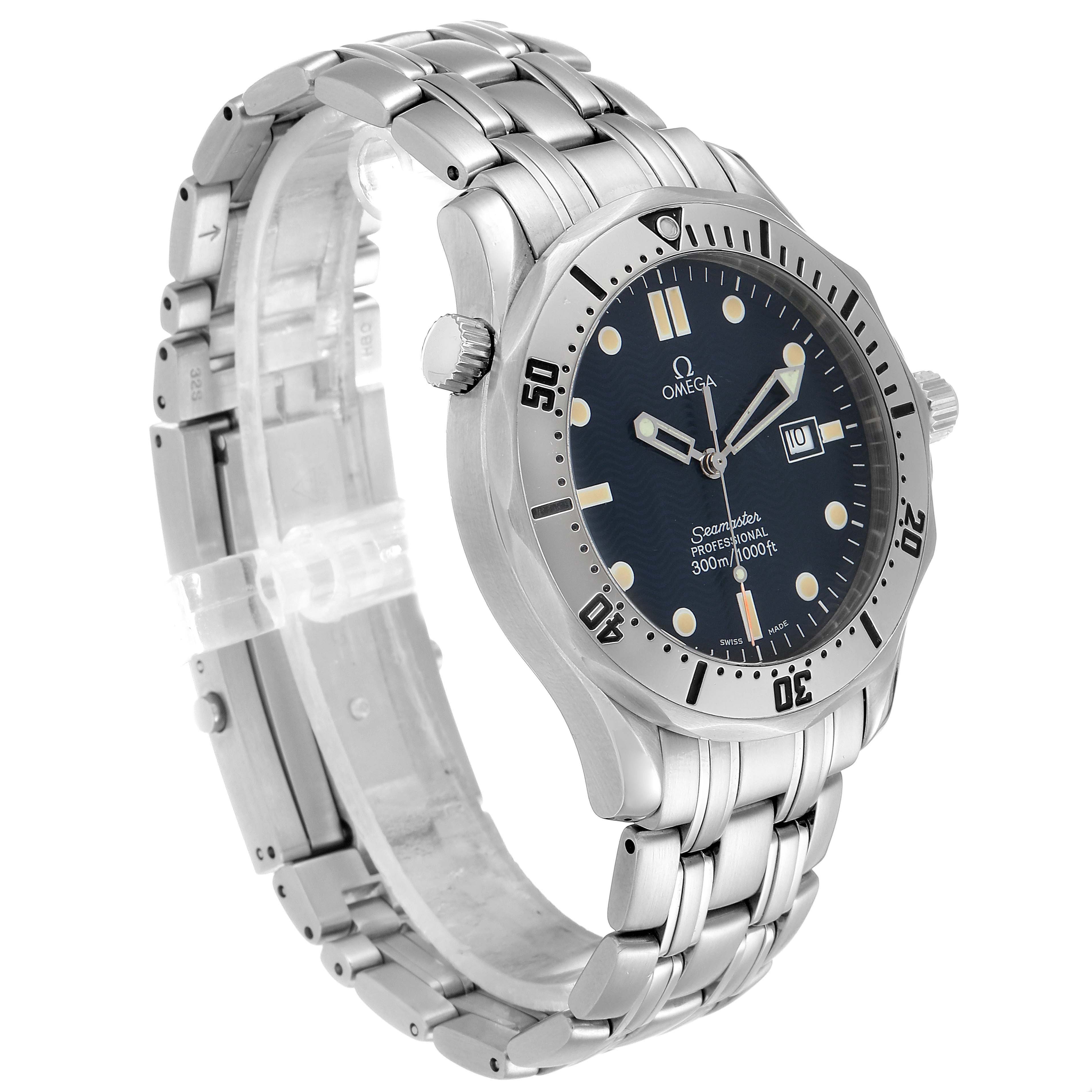 The Omega Seamaster 2542.80.00 Men
s Stainless Steel Blue Dial 2542.80.00 Men
s Stainless Steel Blue Dial watch is shown at a slight angle, displaying the dial, bezel, crown, and stainless steel bracelet.