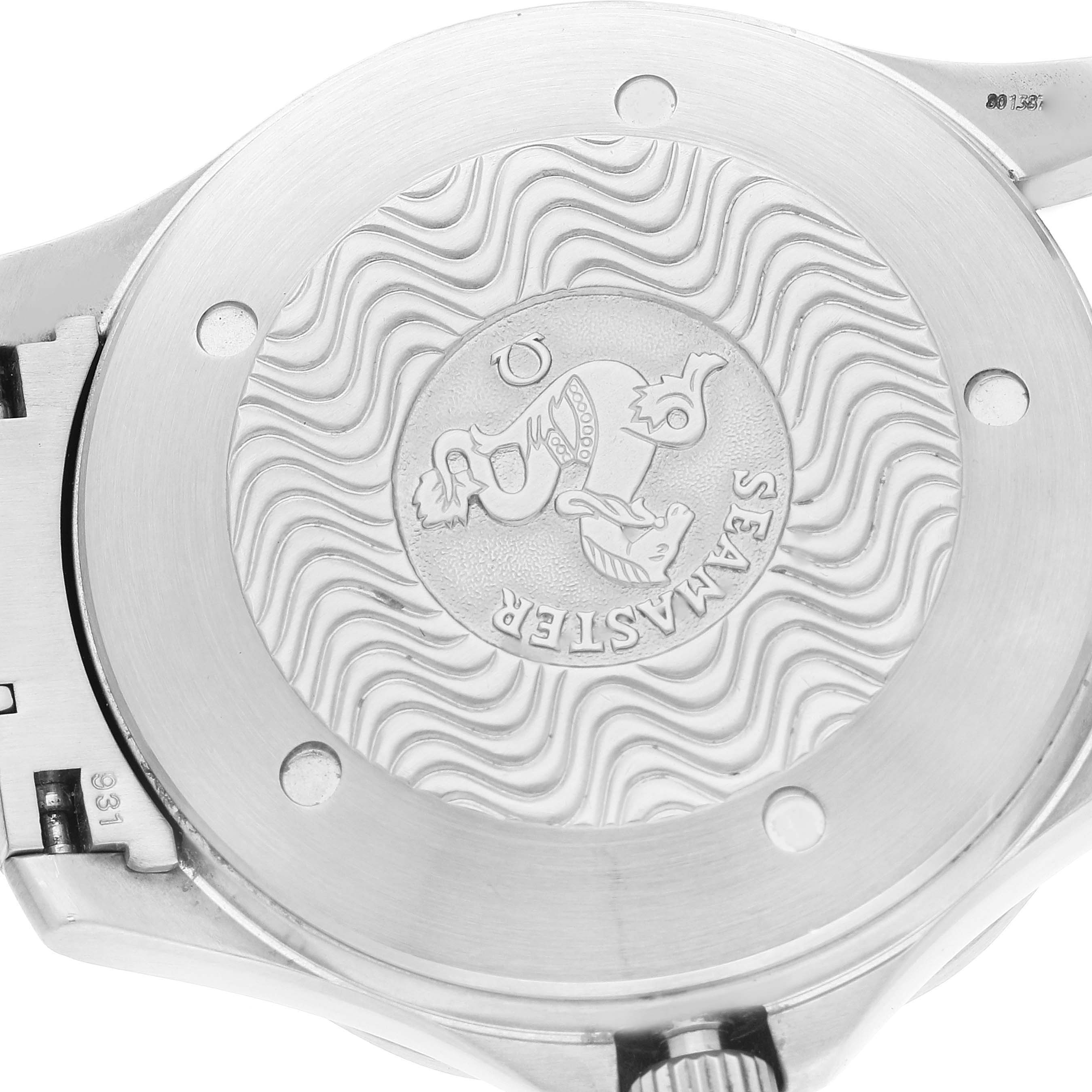 The image shows the case back of an Omega Seamaster 2538.20.00 Men's Stainless Steel White Dial 2538.20.00 Men's Stainless Steel White Dial watch, featuring the engraved logo and wave pattern.