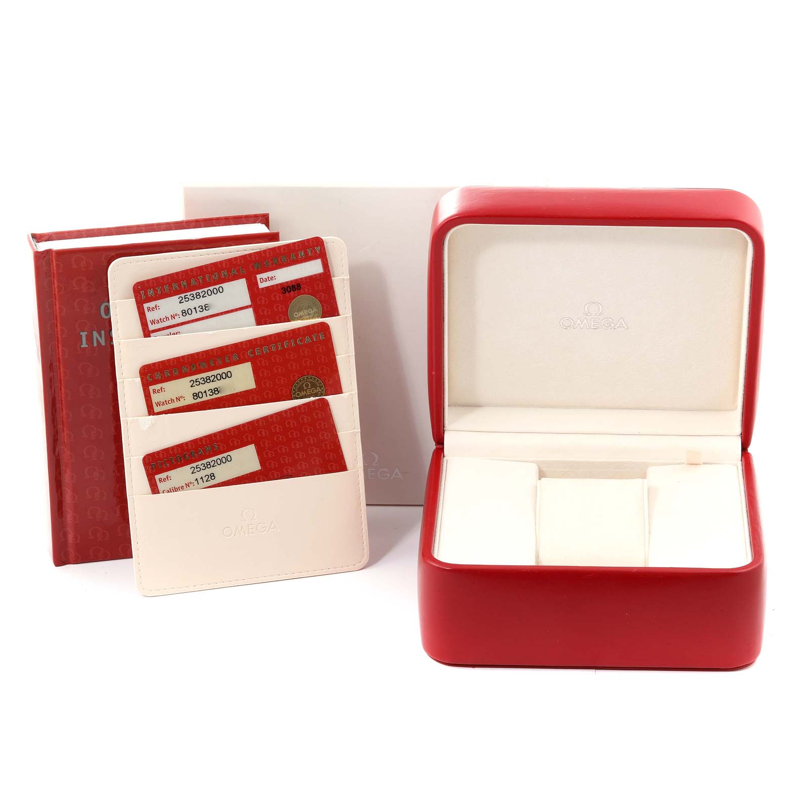 This image shows an Omega Seamaster 2538.20.00 Men's Stainless Steel White Dial 2538.20.00 Men's Stainless Steel White Dial watch box, warranty cards, a cardholder, and an instruction manual.