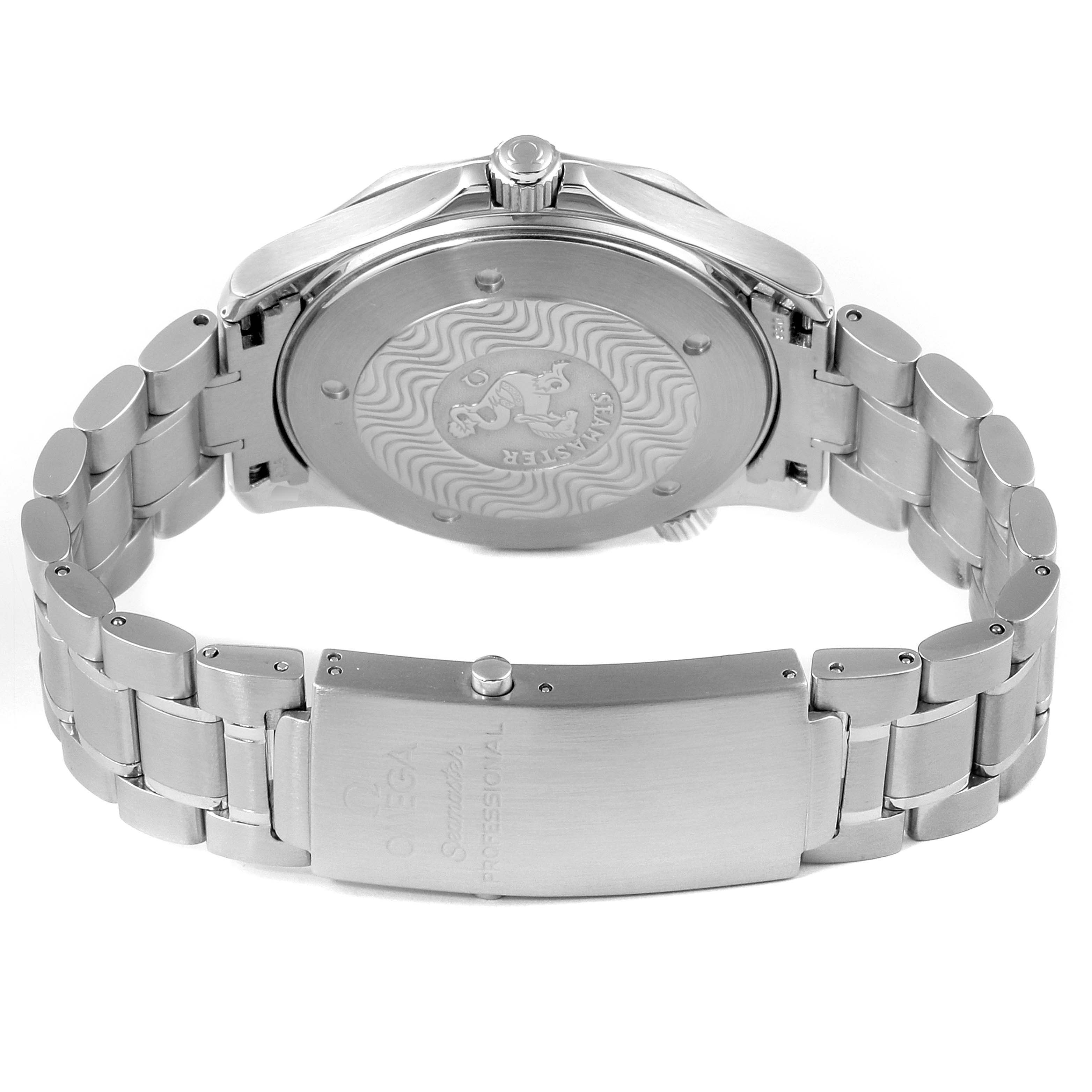 The image shows the back and clasp of an Omega Seamaster 2254.50.00 Men
s Stainless Steel Black Dial 2254.50.00 Men
s Stainless Steel Black Dial watch, highlighting the closed stainless steel bracelet and case back.