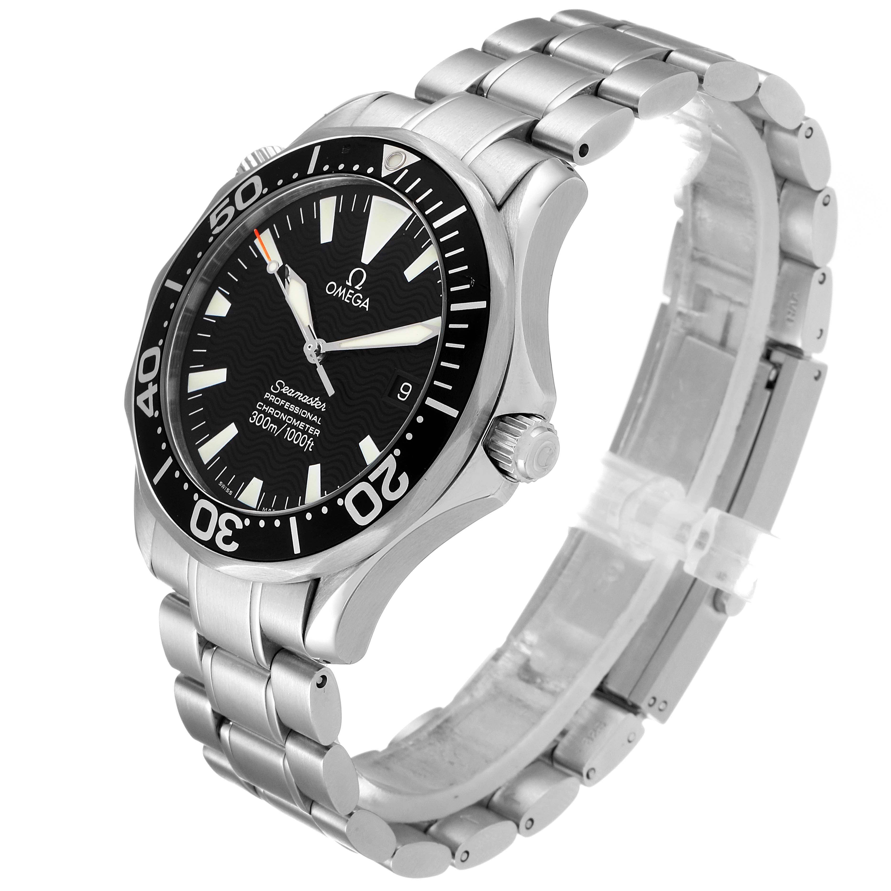 The image shows an Omega Seamaster 2254.50.00 Men
s Stainless Steel Black Dial 2254.50.00 Men
s Stainless Steel Black Dial watch from a side angle, displaying the face, bezel, crown, and bracelet.