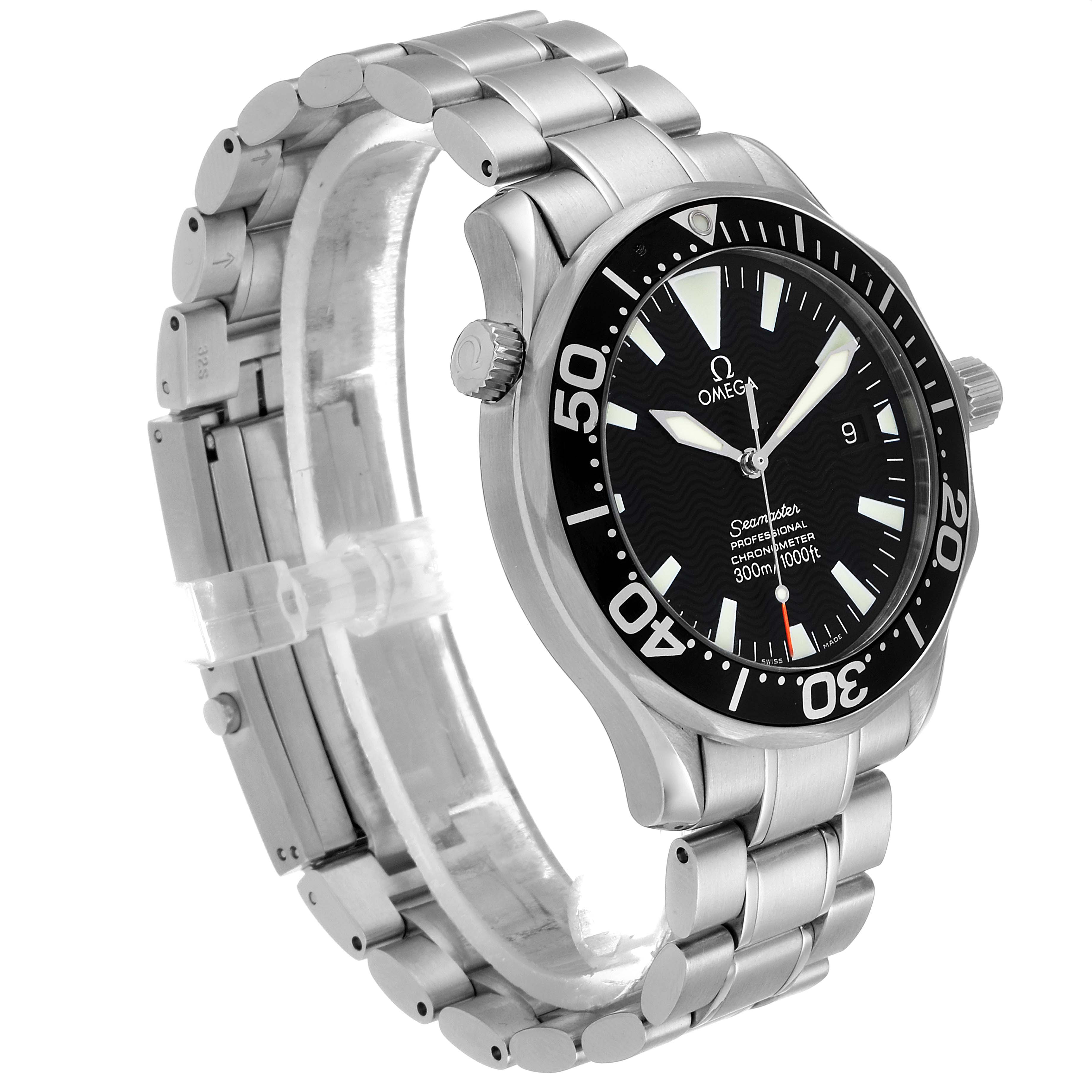The image shows an Omega Seamaster 2254.50.00 Men
s Stainless Steel Black Dial 2254.50.00 Men
s Stainless Steel Black Dial watch at a three-quarter angle, highlighting its face, bezel, crown, and metal bracelet.