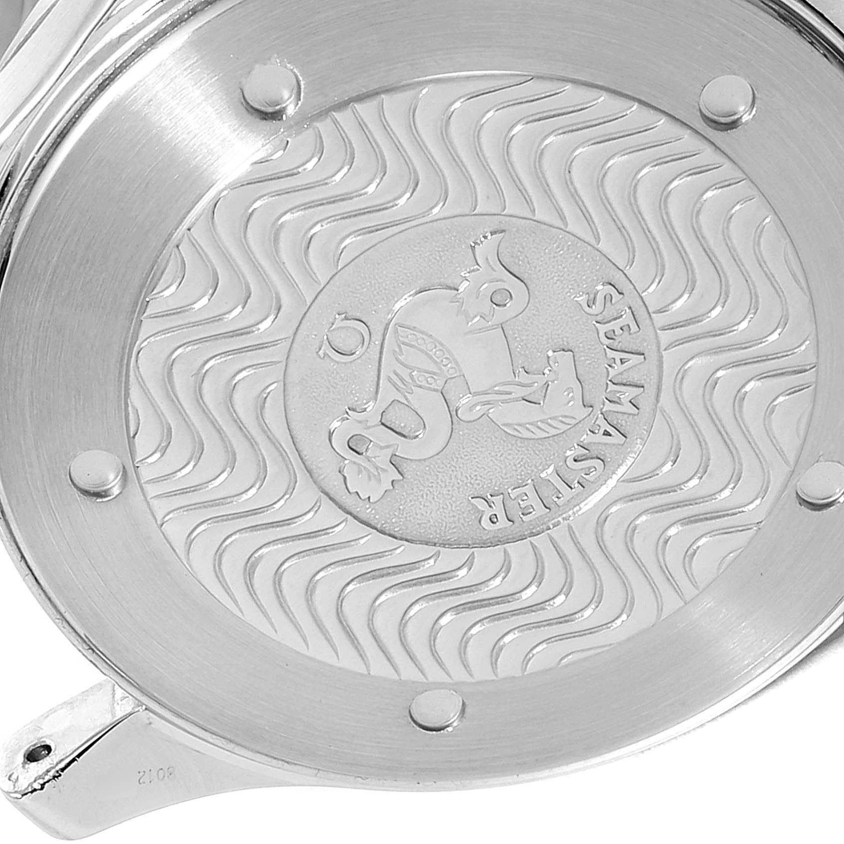 This image shows a close-up of the case back of an Omega Seamaster 2254.50.00 Men
s Stainless Steel Black Dial 2254.50.00 Men
s Stainless Steel Black Dial watch, featuring its intricate design and emblem.