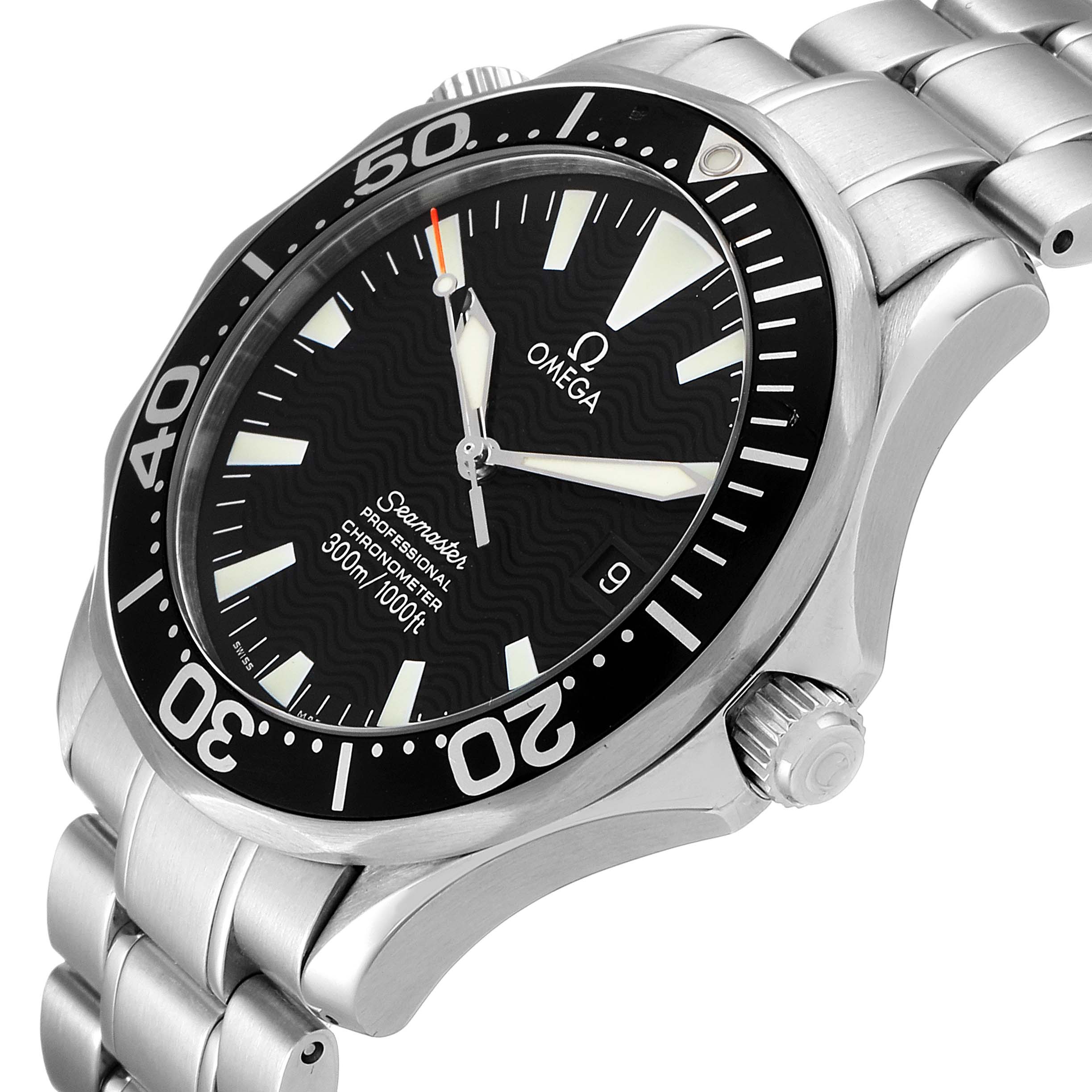 The image shows an angled view of the Omega Seamaster 2254.50.00 Men
s Stainless Steel Black Dial 2254.50.00 Men
s Stainless Steel Black Dial watch, highlighting the face, bezel, crown, and part of the bracelet.