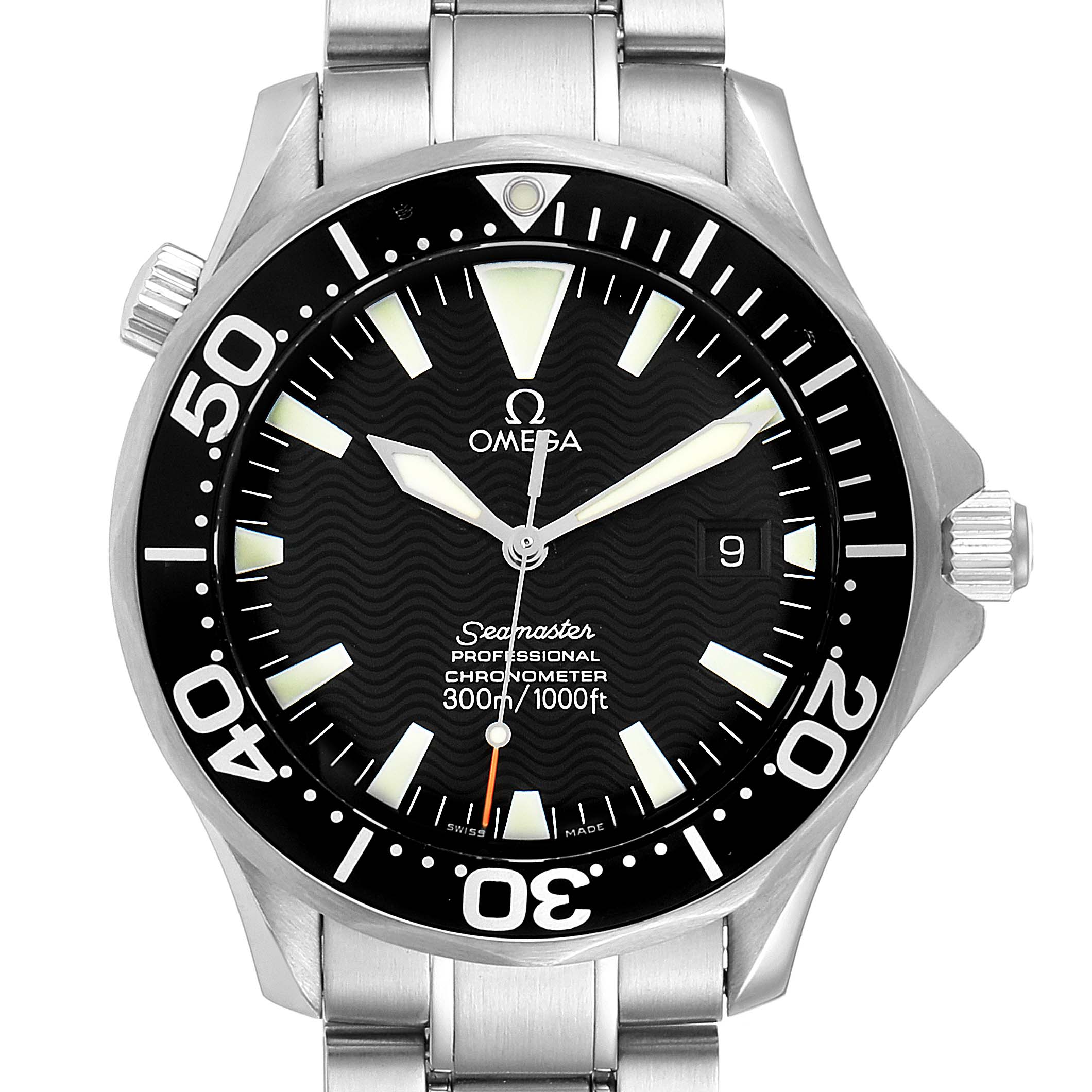 The Omega Seamaster 2254.50.00 Men
s Stainless Steel Black Dial 2254.50.00 Men
s Stainless Steel Black Dial model is shown from a frontal angle, highlighting its dial, bezel, hands, markers, and part of the bracelet.