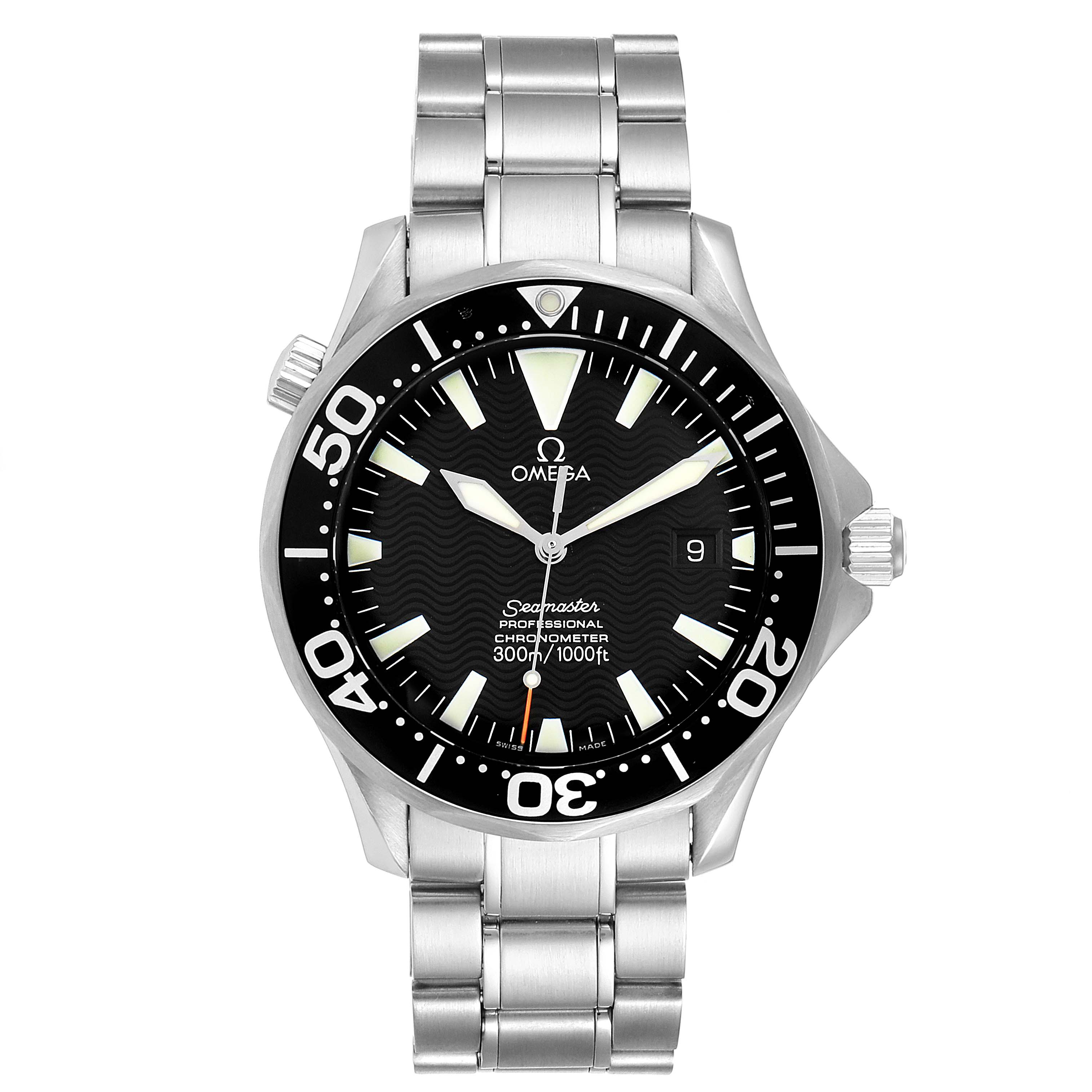 The image shows a frontal view of an Omega Seamaster 2254.50.00 Men
s Stainless Steel Black Dial 2254.50.00 Men
s Stainless Steel Black Dial watch, displaying the face, bezel, crown, and bracelet.