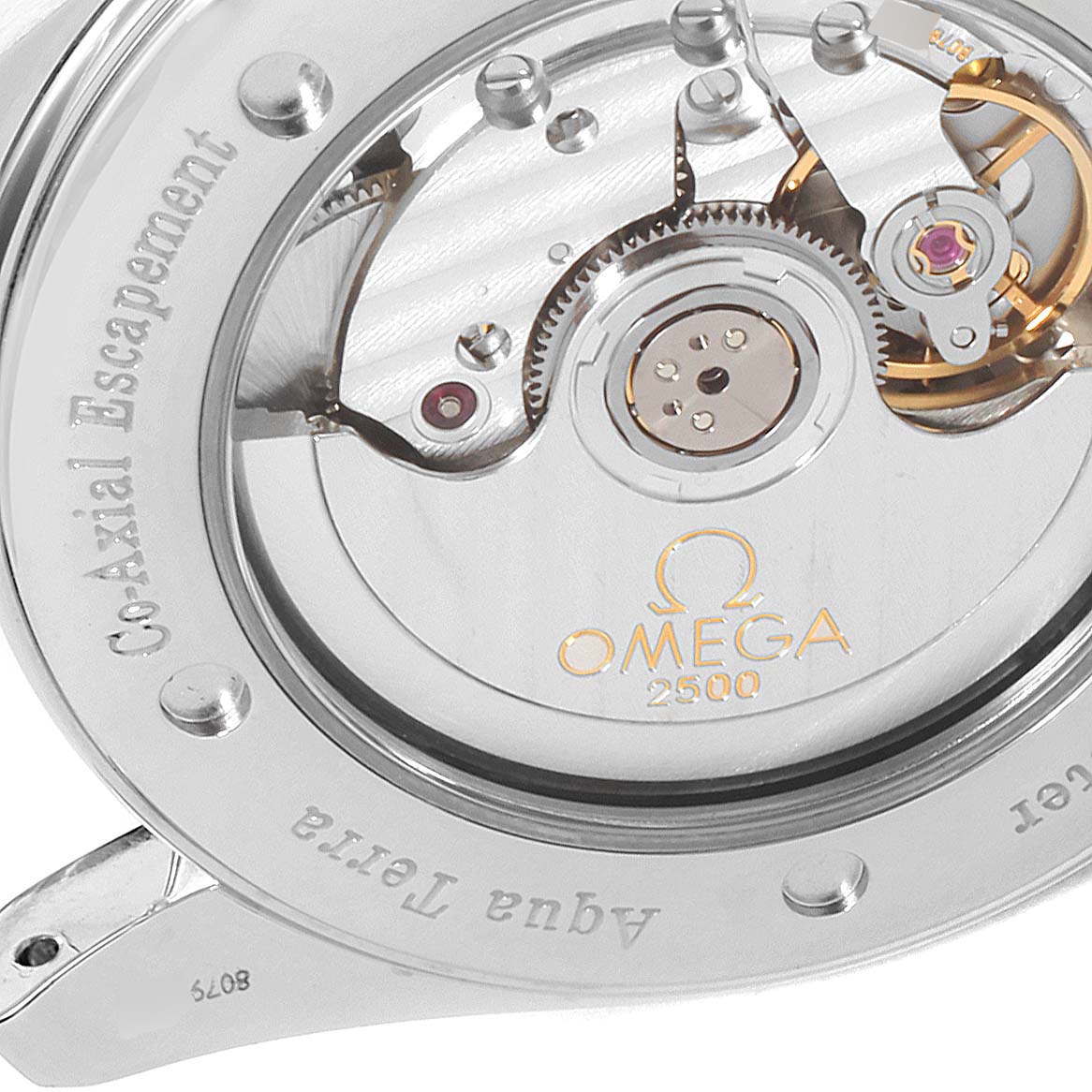 The image shows the back of the Omega Aqua Terra 2503.50.00 Men's Stainless Steel Black Dial 2503.50.00 Men's Stainless Steel Black Dial watch, highlighting the Co-Axial Escapement mechanism.