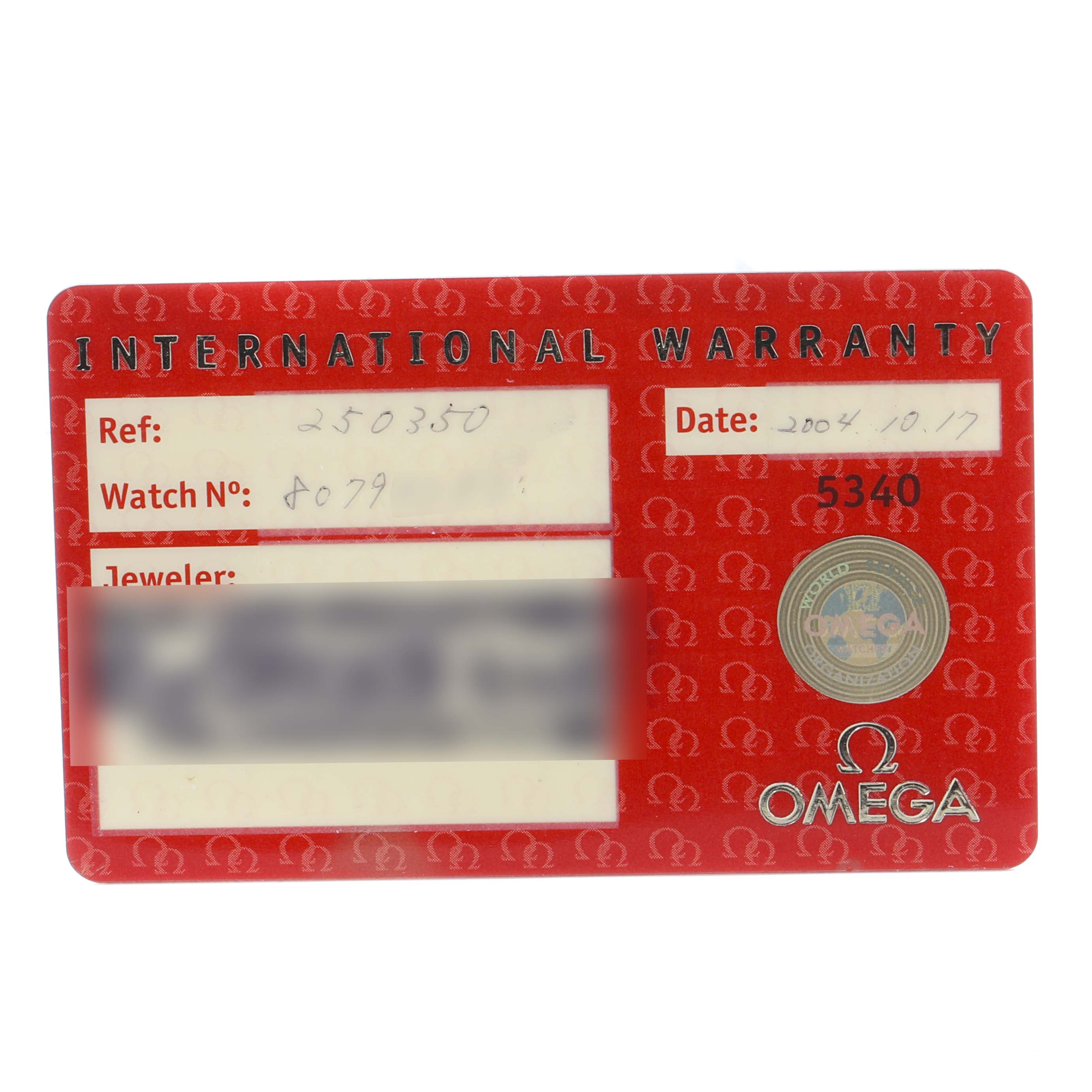 This is an Omega Aqua Terra 2503.50.00 Men's Stainless Steel Black Dial 2503.50.00 Men's Stainless Steel Black Dial model's international warranty card, showing reference number, watch number, date, and jeweler information.