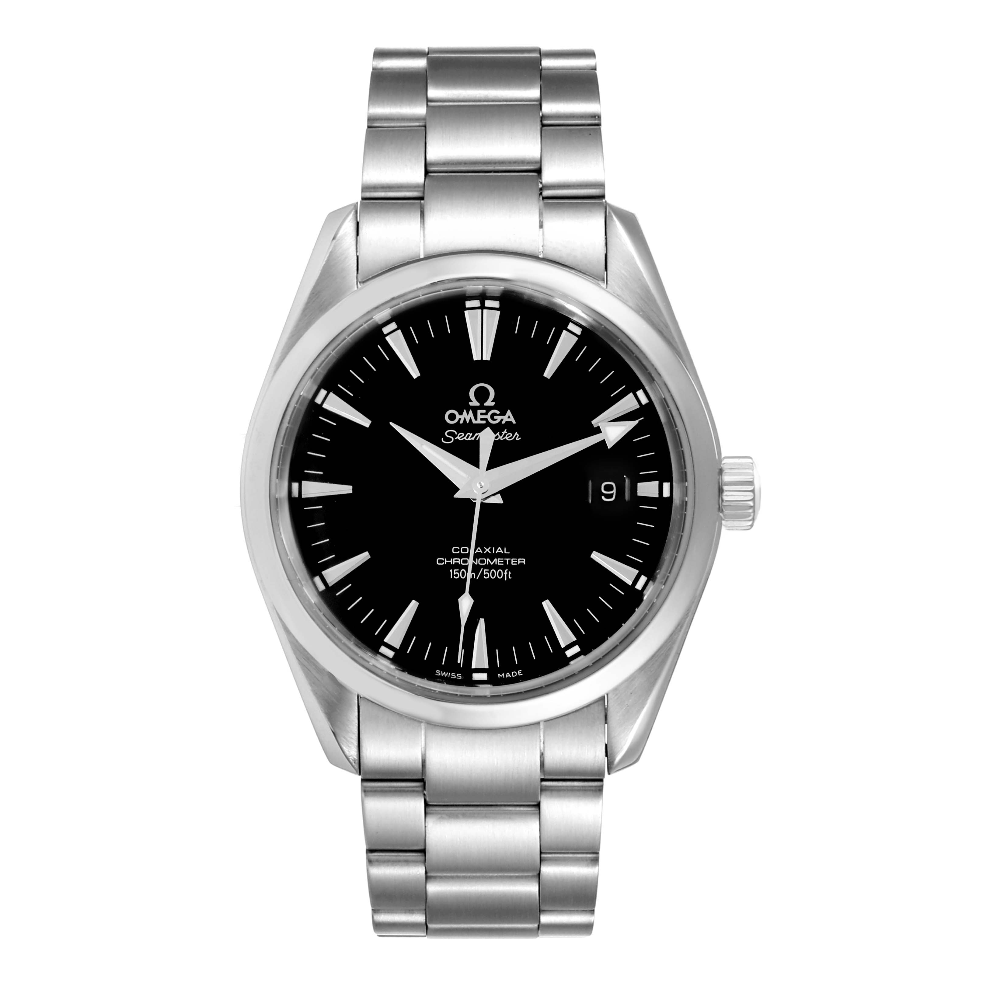 The image shows a front view of the Omega Aqua Terra 2503.50.00 Men's Stainless Steel Black Dial 2503.50.00 Men's Stainless Steel Black Dial watch, displaying its black dial, silver hour markers, and metal bracelet.