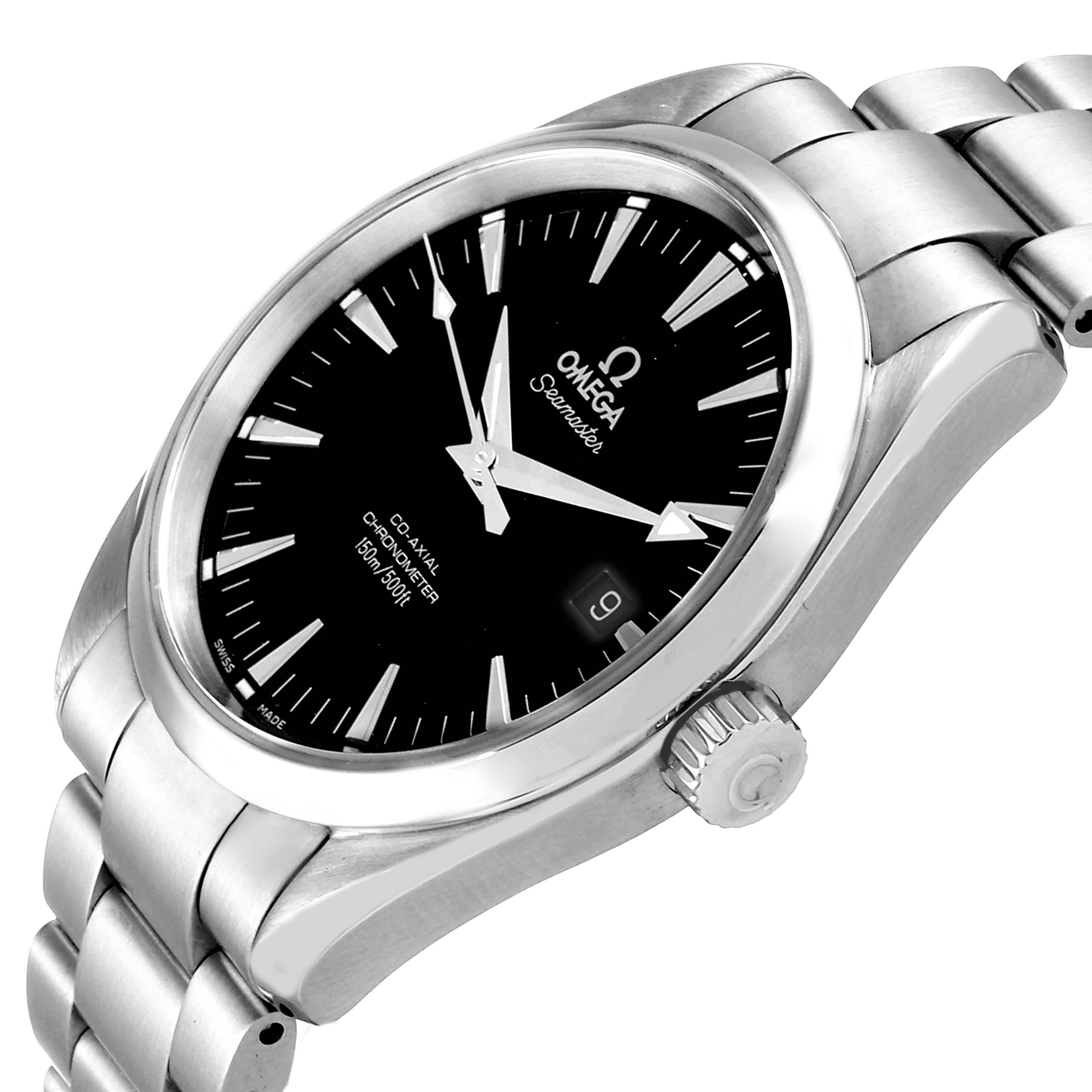 The Omega Aqua Terra 2503.50.00 Men's Stainless Steel Black Dial 2503.50.00 Men's Stainless Steel Black Dial watch is viewed at a slight angle, showing the face, crown, and part of the stainless steel bracelet.