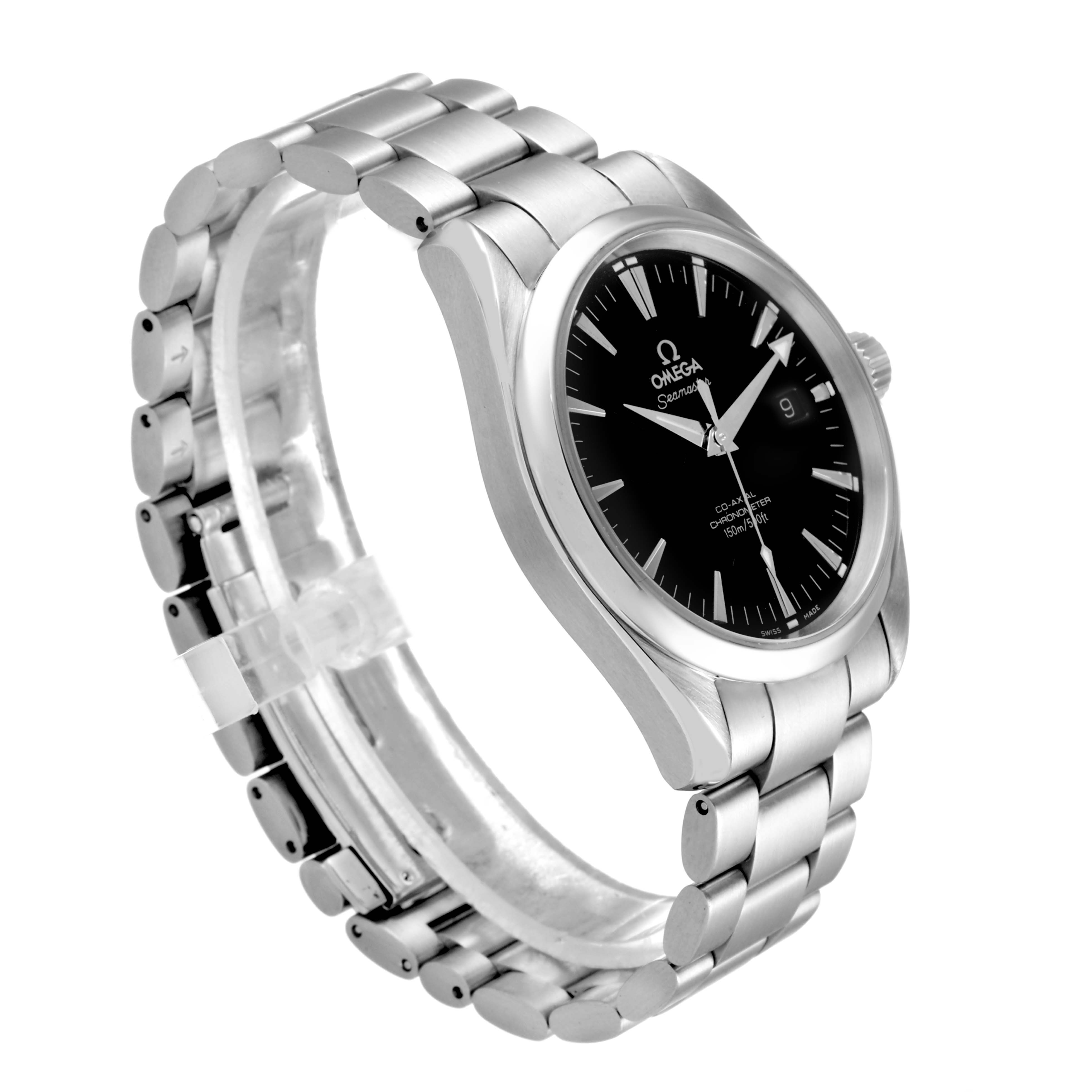 The image shows an Omega Aqua Terra 2503.50.00 Men's Stainless Steel Black Dial 2503.50.00 Men's Stainless Steel Black Dial watch at an angled side view, highlighting its metallic bracelet and black dial.