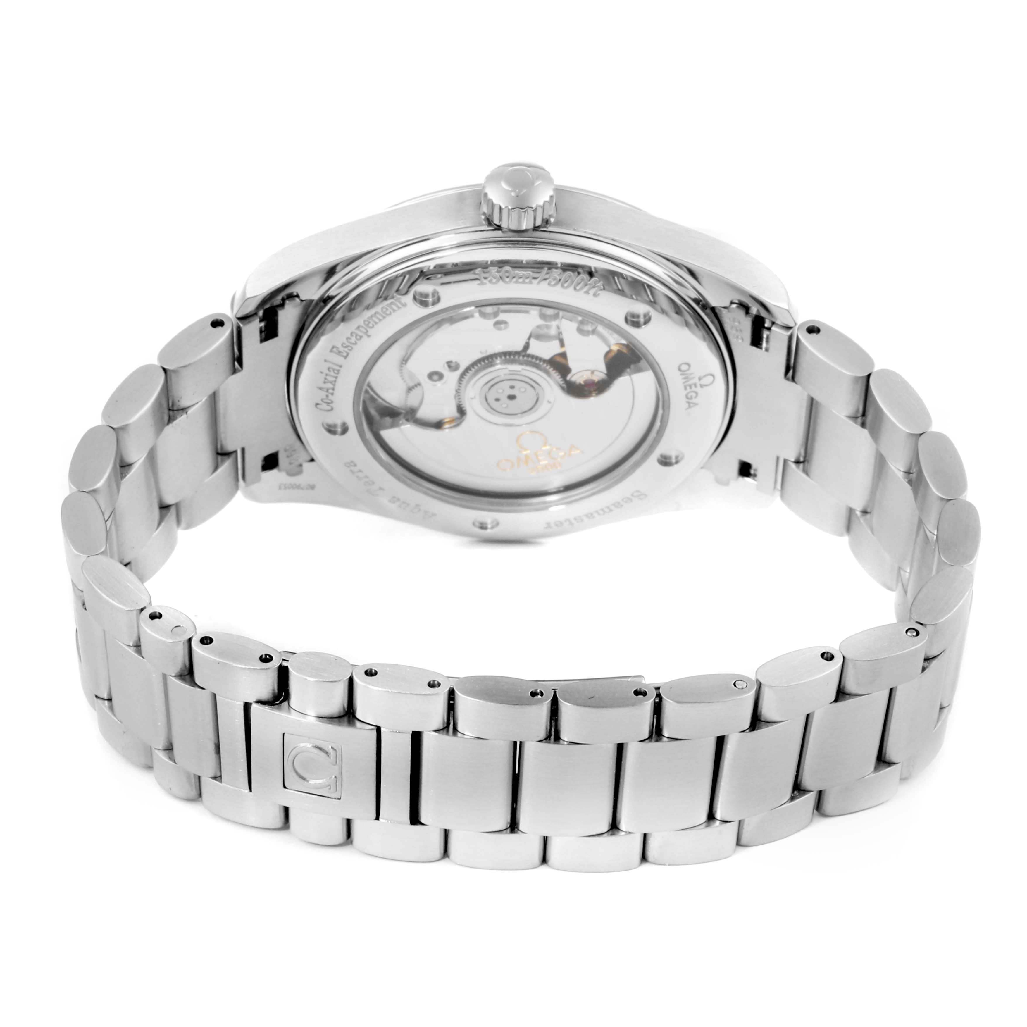 This image shows the back view of an Omega Aqua Terra 2503.50.00 Men's Stainless Steel Black Dial 2503.50.00 Men's Stainless Steel Black Dial watch, highlighting its open case back and bracelet.