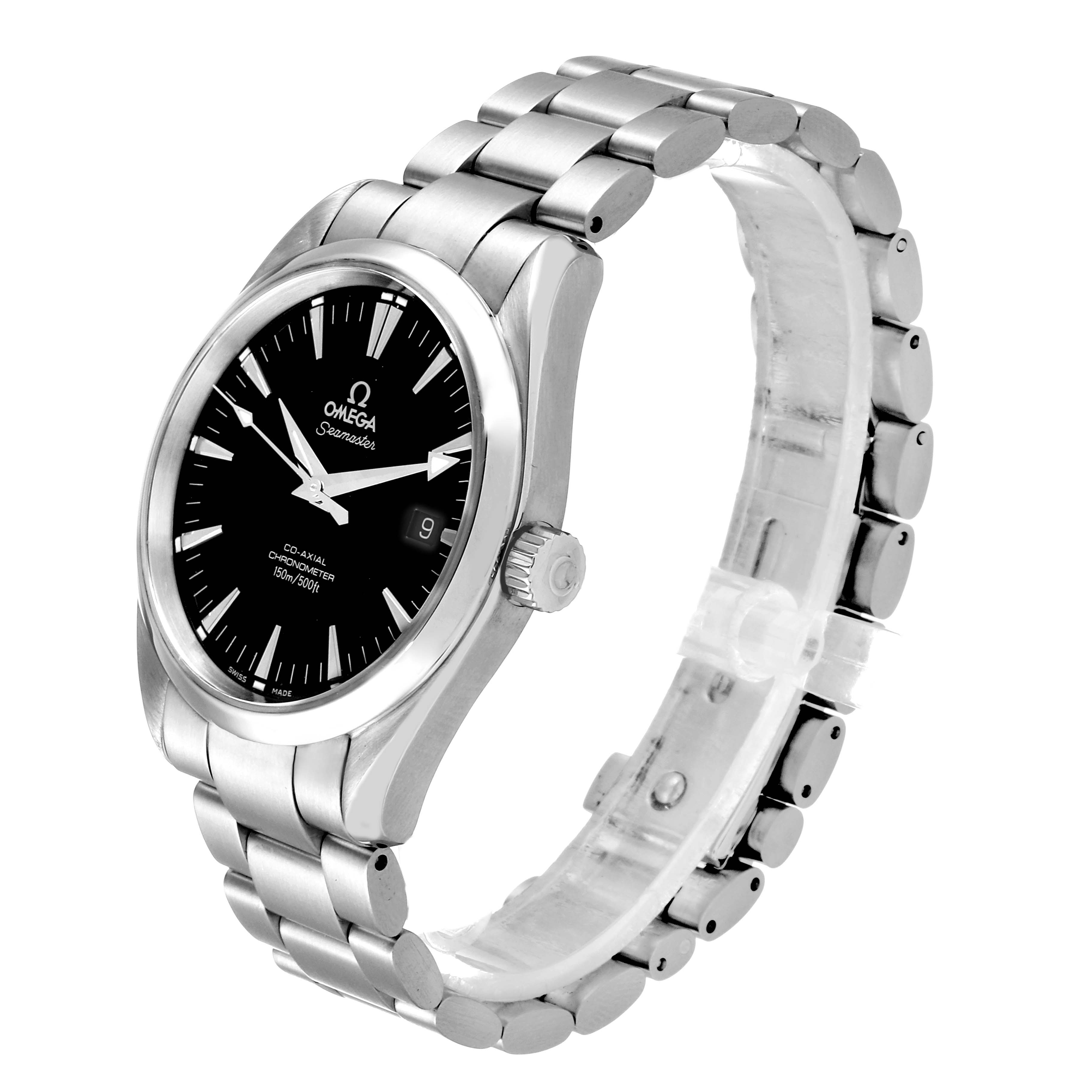 The image shows an Omega Seamaster Aqua Terra model watch at a slight angle, displaying its face, bezel, crown, and bracelet.