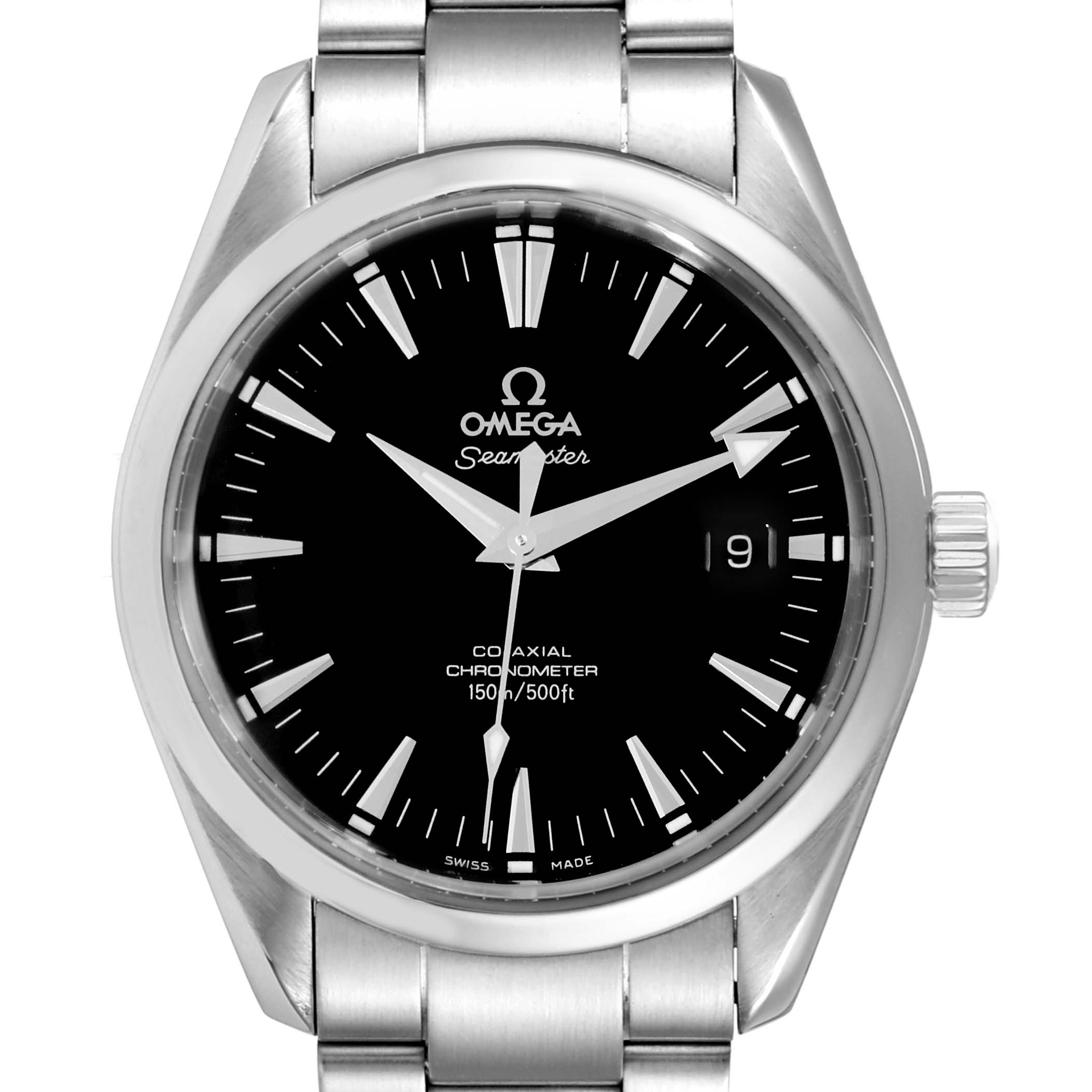 The image shows a frontal view of the Omega Aqua Terra 2503.50.00 Men's Stainless Steel Black Dial 2503.50.00 Men's Stainless Steel Black Dial watch, displaying its black dial, hands, date window, and stainless steel bracelet.