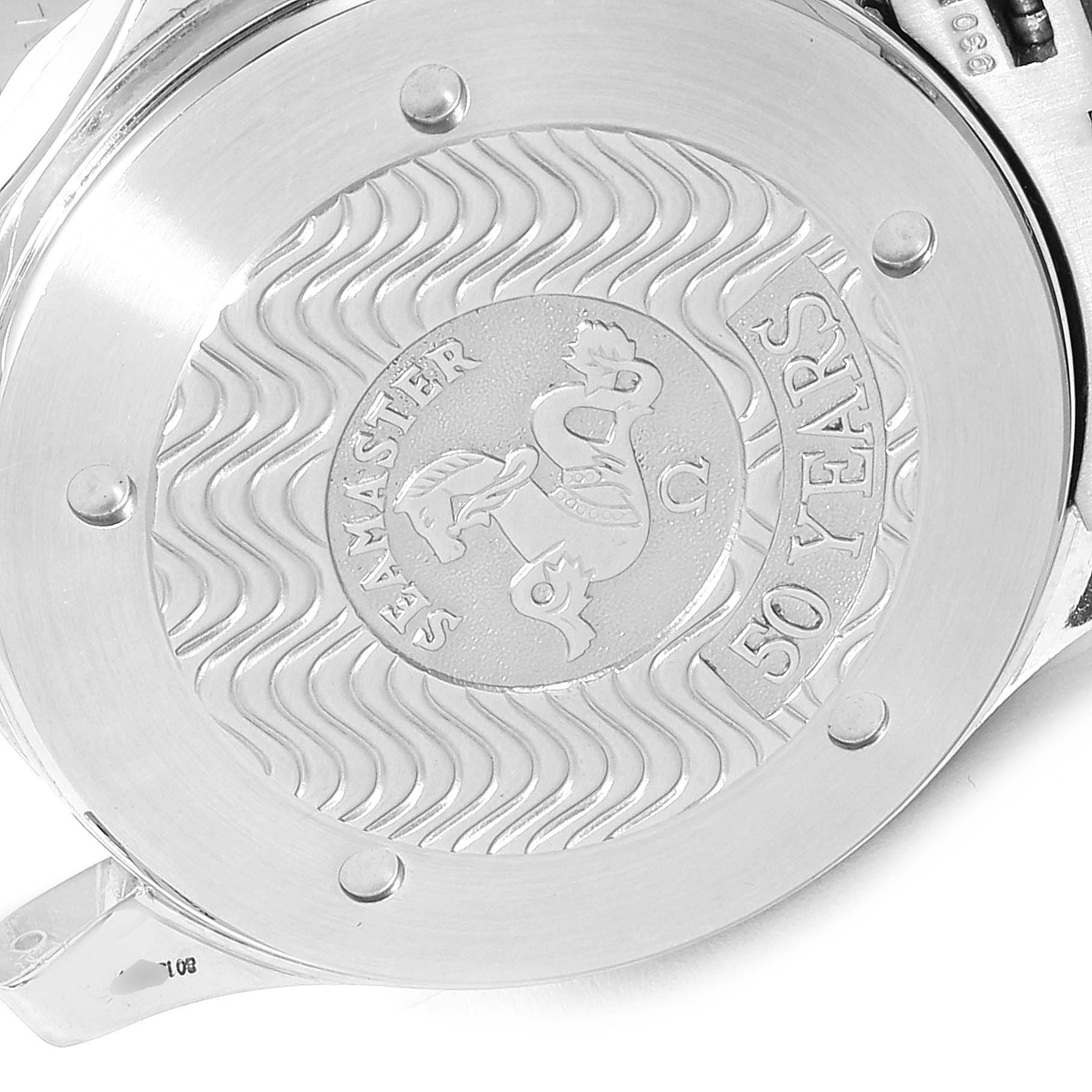 The image shows the case back of an Omega Seamaster 2234.50.00 Men
s Stainless Steel Black Dial 2234.50.00 Men
s Stainless Steel Black Dial watch, engraved with the "50 Years" anniversary emblem.