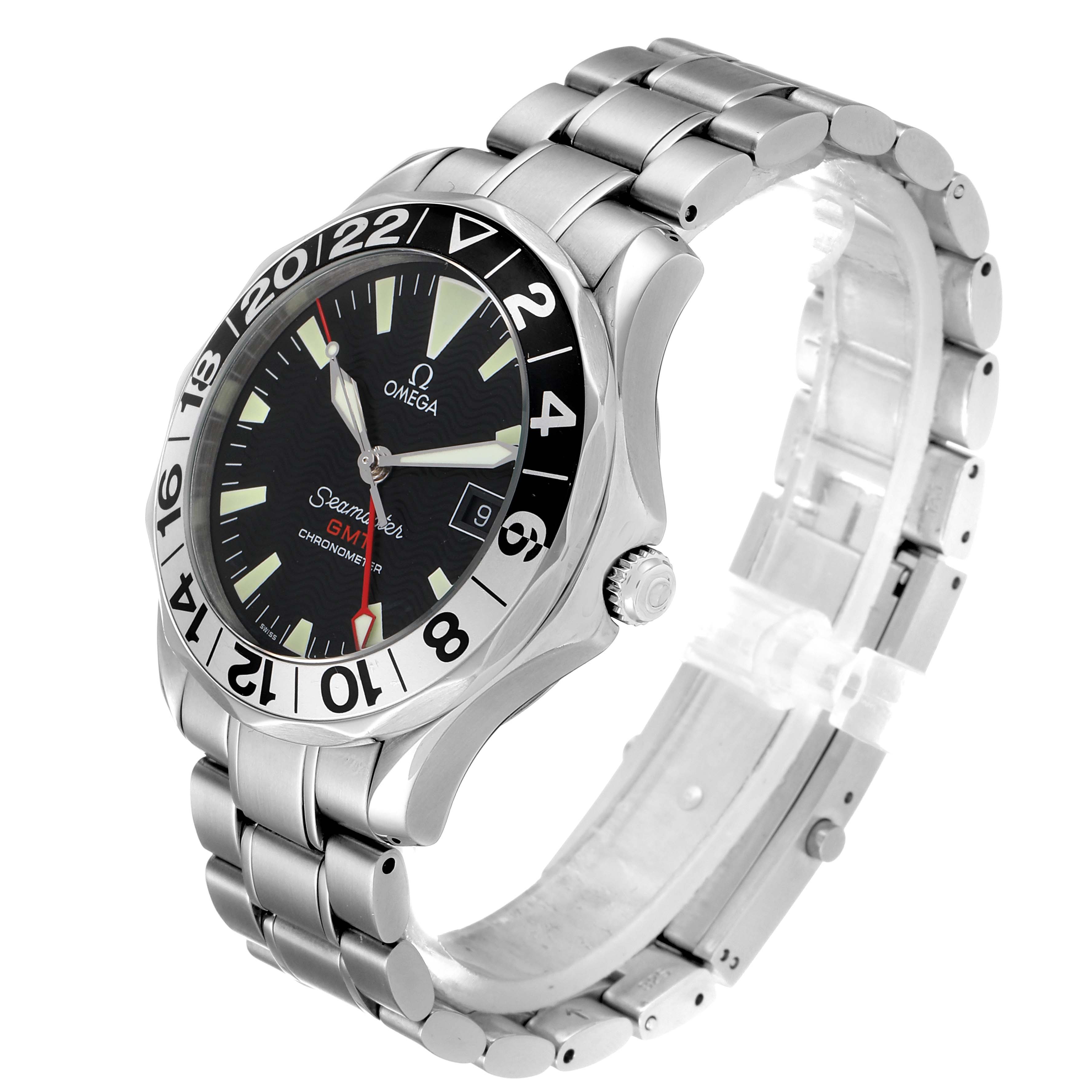 The image shows the Omega Seamaster 2234.50.00 Men
s Stainless Steel Black Dial 2234.50.00 Men
s Stainless Steel Black Dial watch at a three-quarter angle, detailing its face, bezel, crown, and metal bracelet.