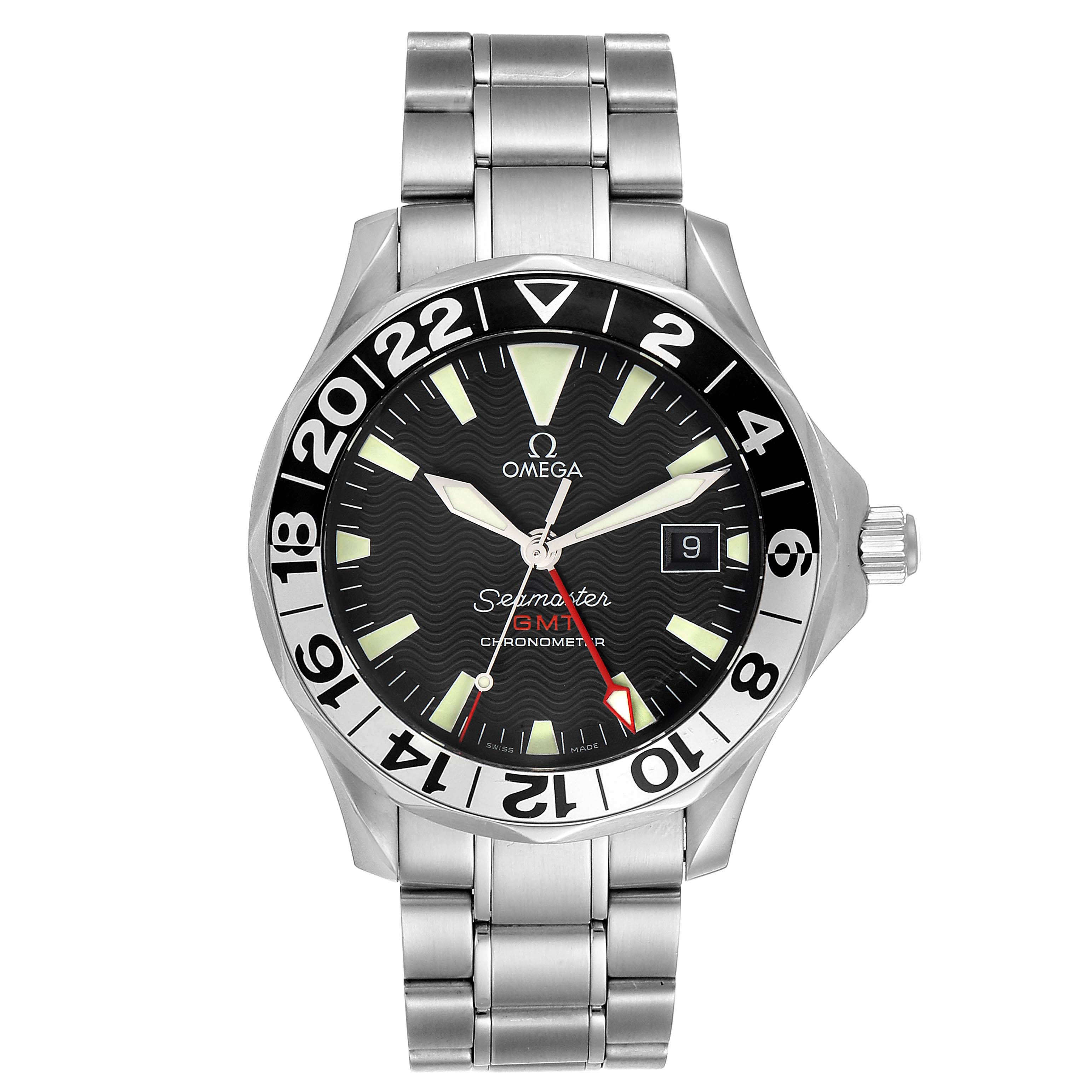 The image shows a front view of an Omega Seamaster 2234.50.00 Men
s Stainless Steel Black Dial 2234.50.00 Men
s Stainless Steel Black Dial GMT Chronometer with a stainless steel bracelet.