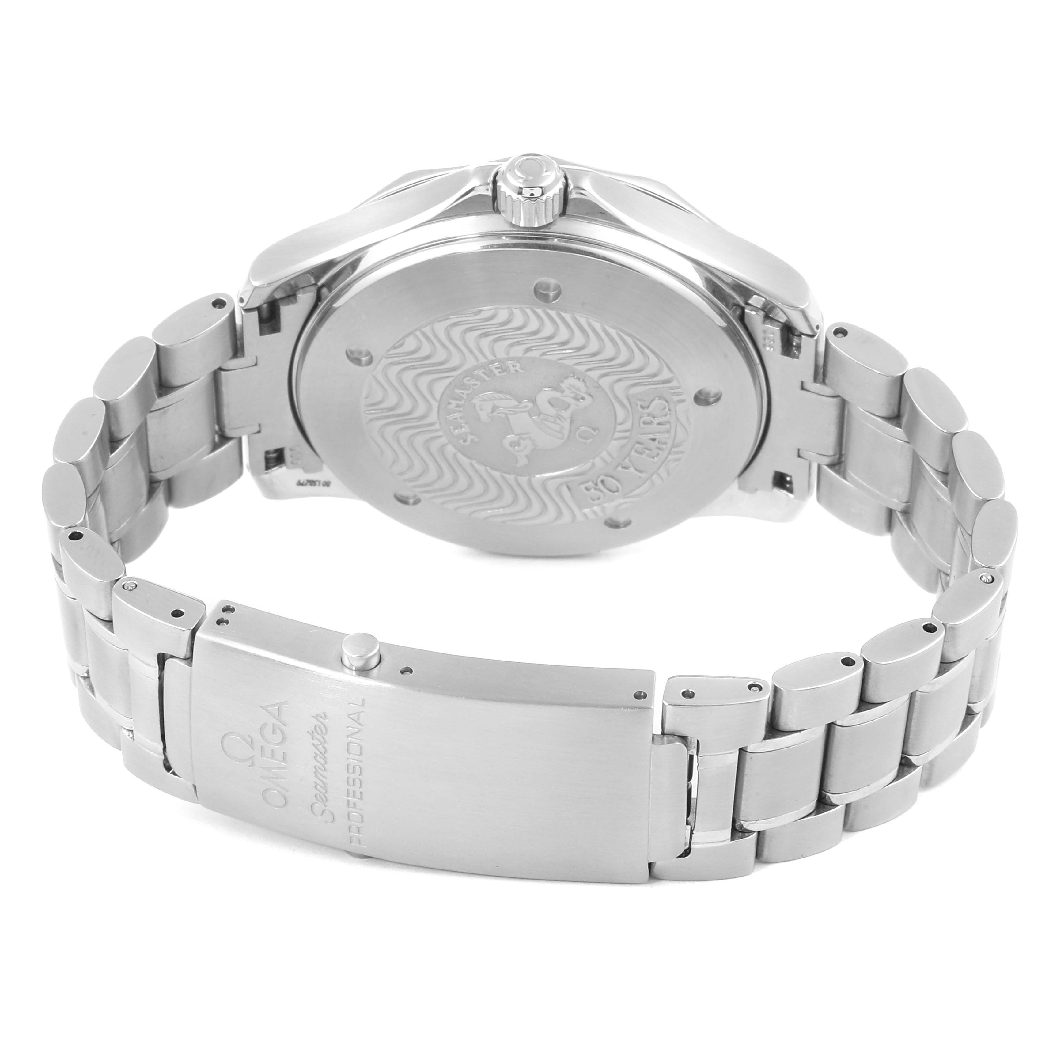 The image shows the back case and clasp of an Omega Seamaster 2234.50.00 Men
s Stainless Steel Black Dial 2234.50.00 Men
s Stainless Steel Black Dial watch, highlighting the bracelet and the engraved back.