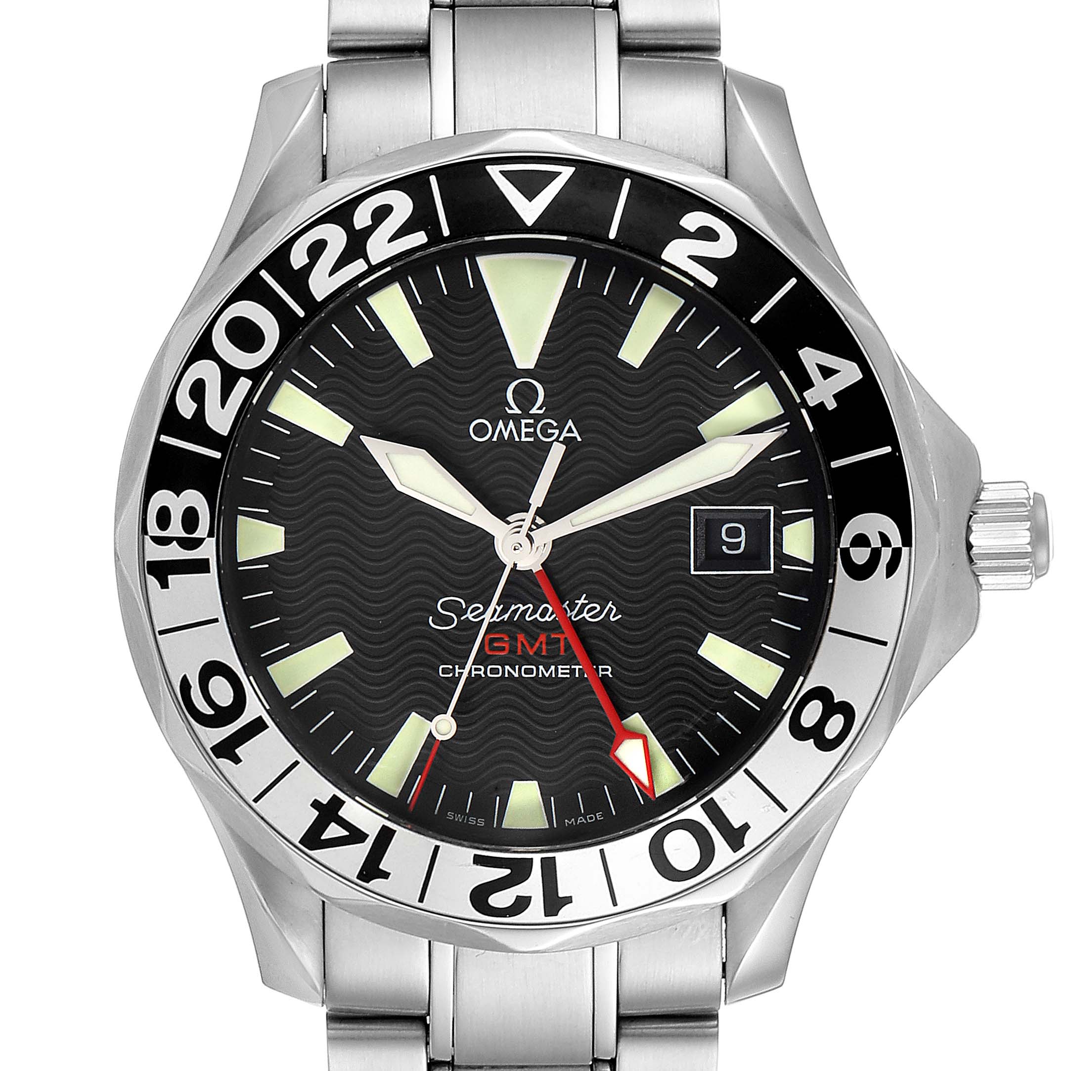 This image shows a front view of the Omega Seamaster 2234.50.00 Men
s Stainless Steel Black Dial 2234.50.00 Men
s Stainless Steel Black Dial GMT Chronometer watch, displaying its face, bezel, and part of the bracelet.