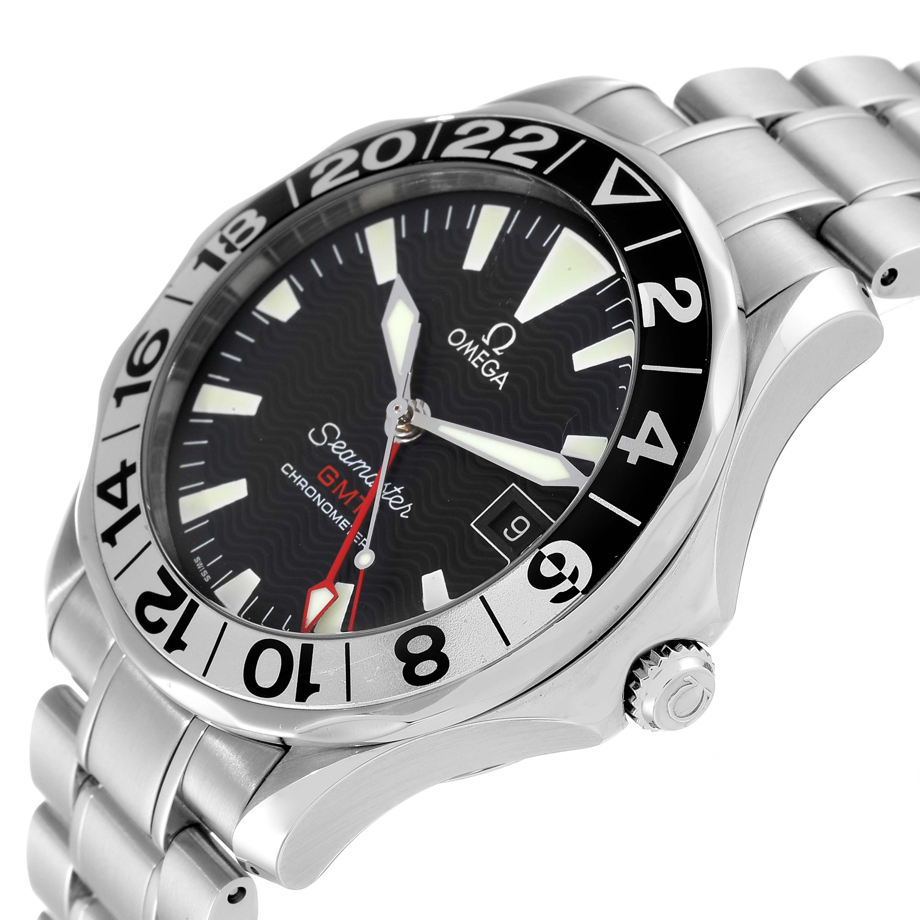 This image shows a close-up angle of an Omega Seamaster 2234.50.00 Men's Stainless Steel Black Dial 2234.50.00 Men's Stainless Steel Black Dial watch, focusing on the dial, bezel, crown, and part of the bracelet.