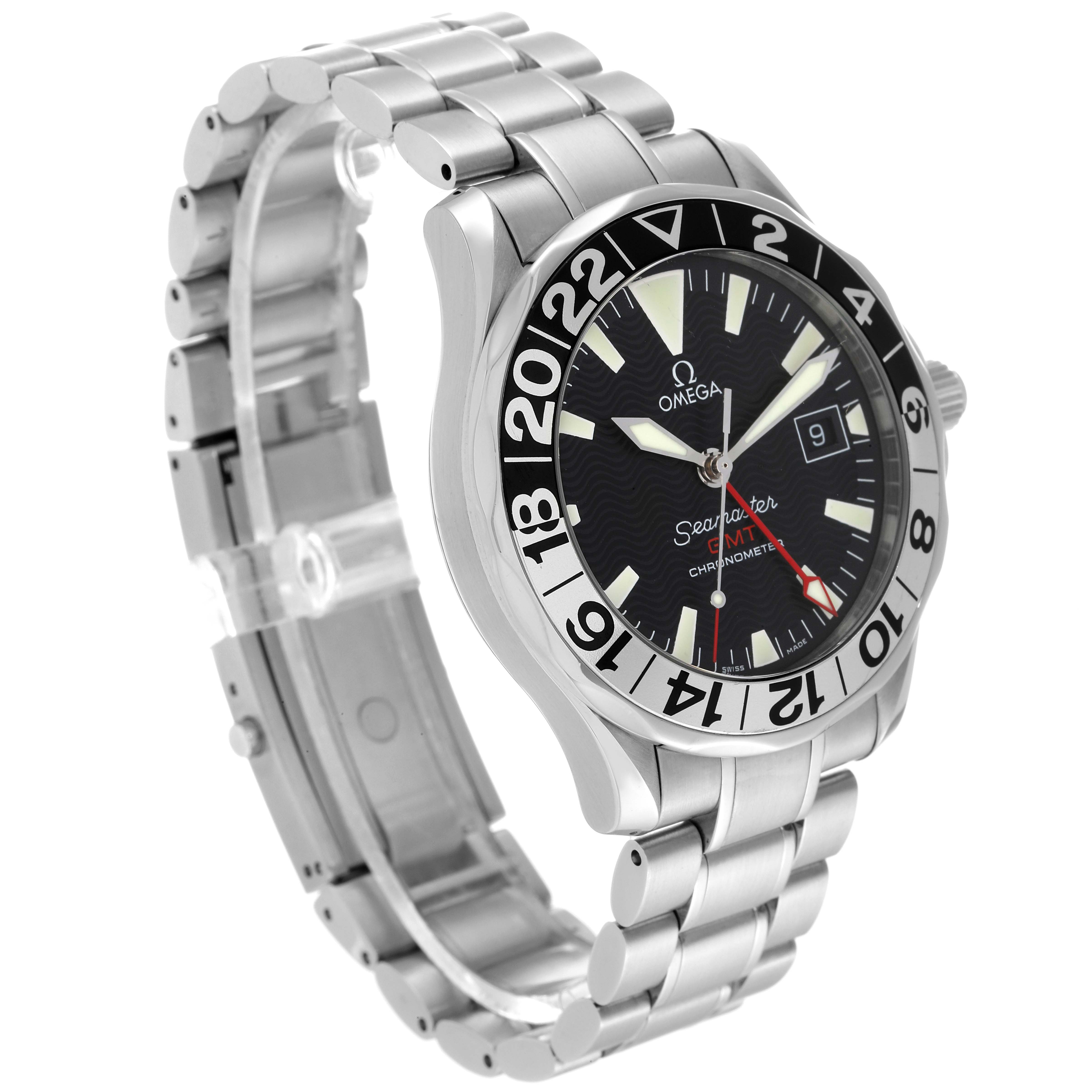The image shows the Omega Seamaster 2234.50.00 Men's Stainless Steel Black Dial 2234.50.00 Men's Stainless Steel Black Dial watch at a three-quarter angle, highlighting the face, bezel, crown, and metal bracelet.