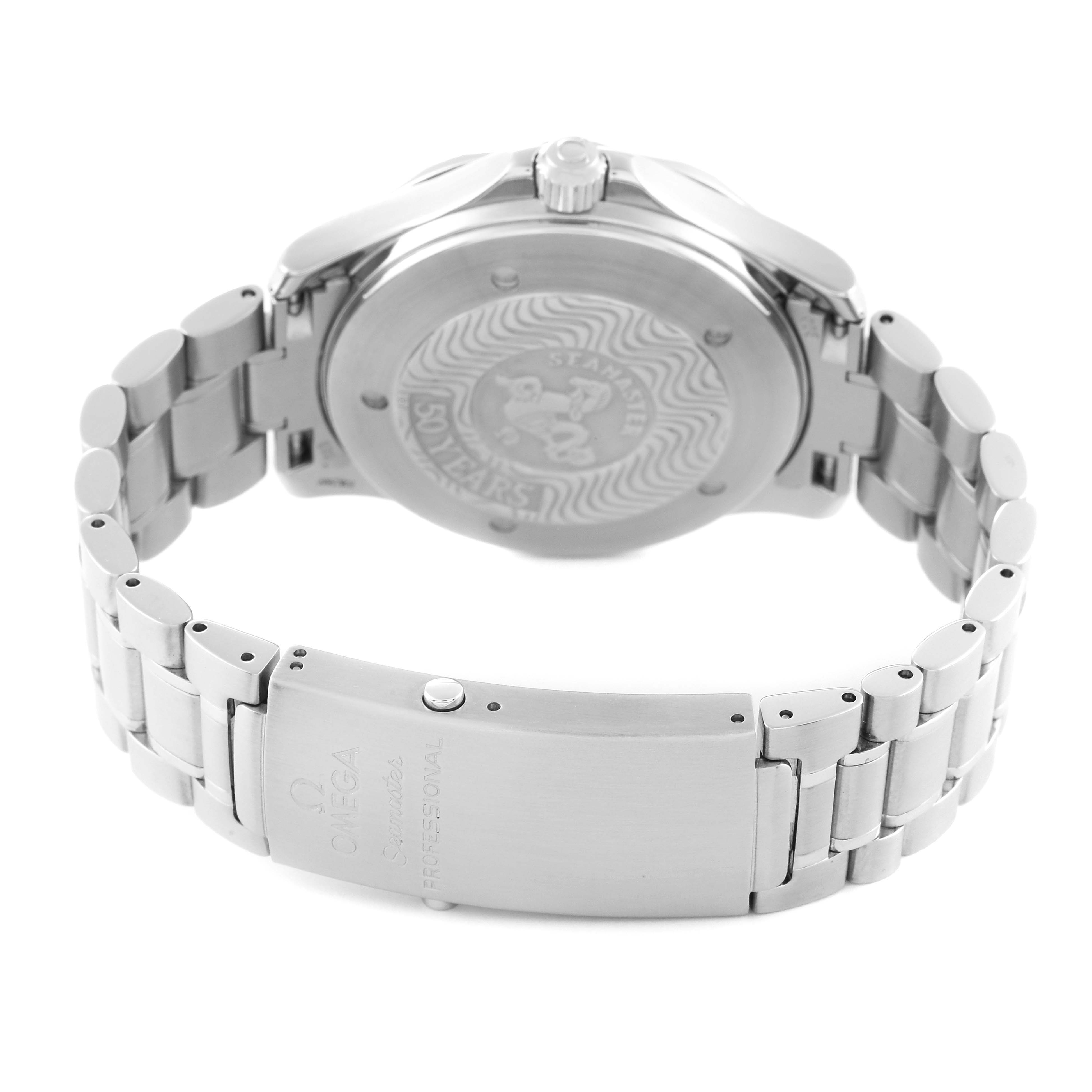 This image shows the back view of the Omega Seamaster 2234.50.00 Men's Stainless Steel Black Dial 2234.50.00 Men's Stainless Steel Black Dial watch, highlighting the case back, crown, and stainless steel bracelet with clasp.