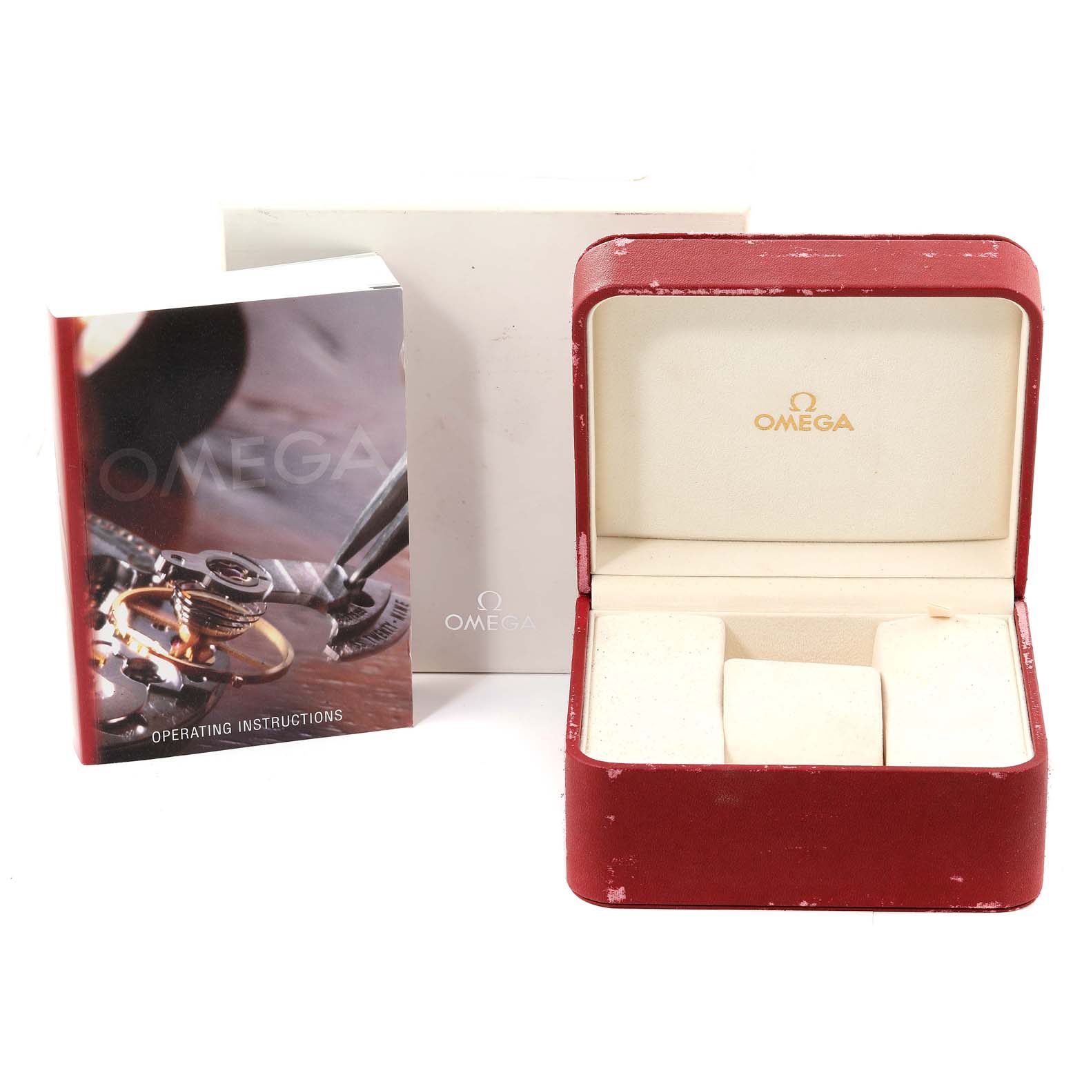 The image shows the Omega Seamaster 2234.50.00 Men's Stainless Steel Black Dial 2234.50.00 Men's Stainless Steel Black Dial watch box, operating instructions, and outer packaging from a front angle.