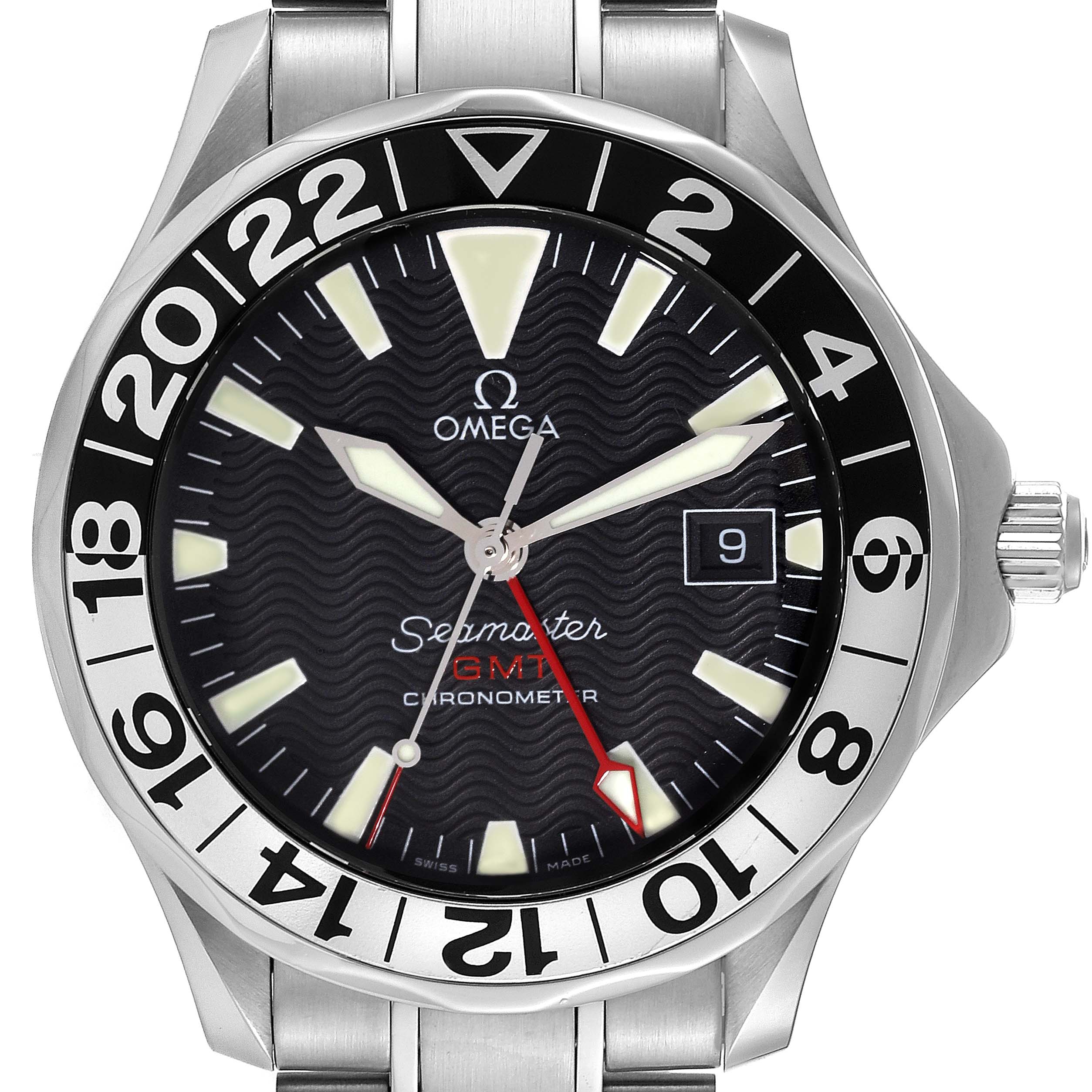 The image shows the front view of an Omega Seamaster 2234.50.00 Men's Stainless Steel Black Dial 2234.50.00 Men's Stainless Steel Black Dial GMT Chronometer, highlighting the dial, hands, and date window.