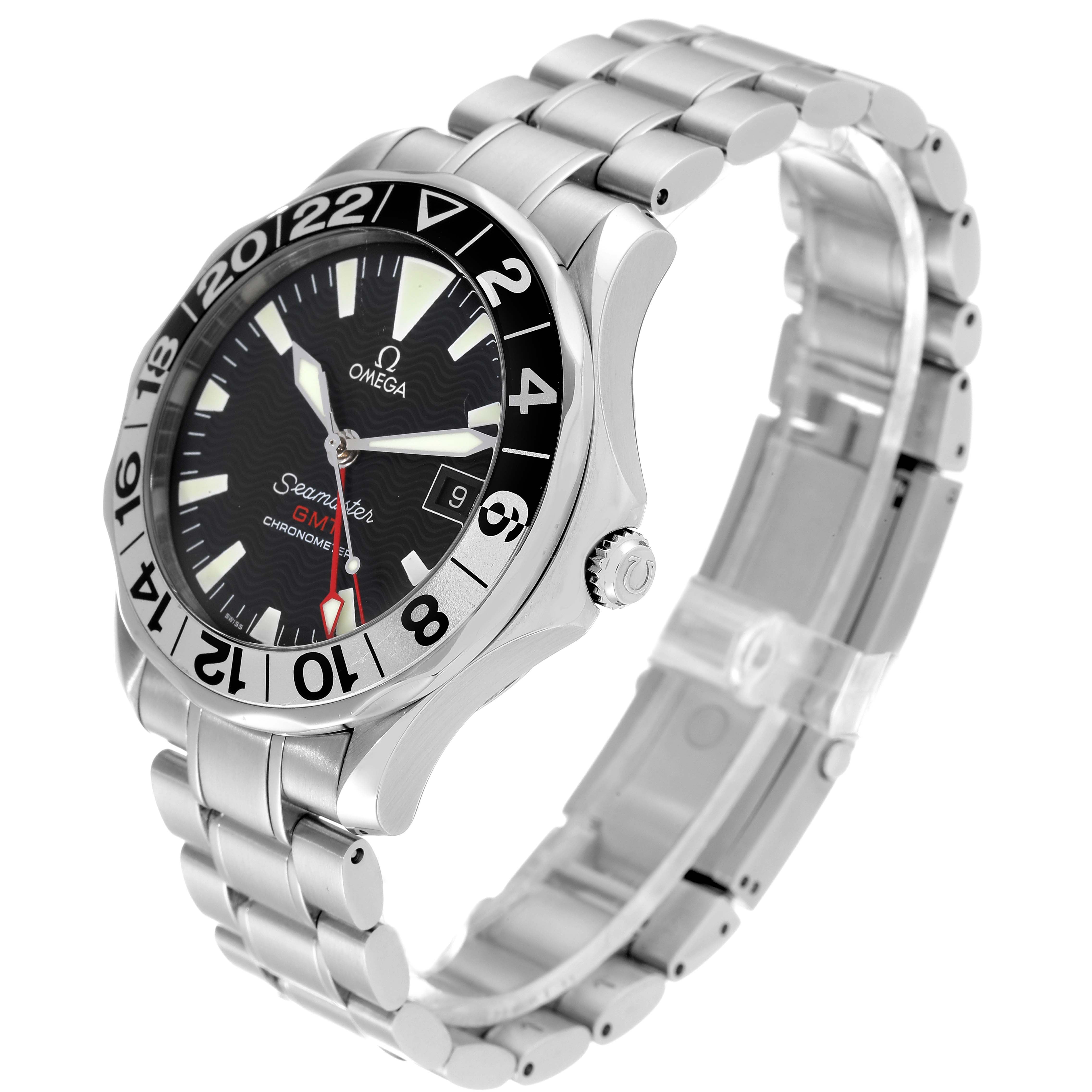 This image shows the Omega Seamaster 2234.50.00 Men's Stainless Steel Black Dial 2234.50.00 Men's Stainless Steel Black Dial watch at a three-quarter angle, highlighting the bezel, dial, crown, and stainless steel bracelet.