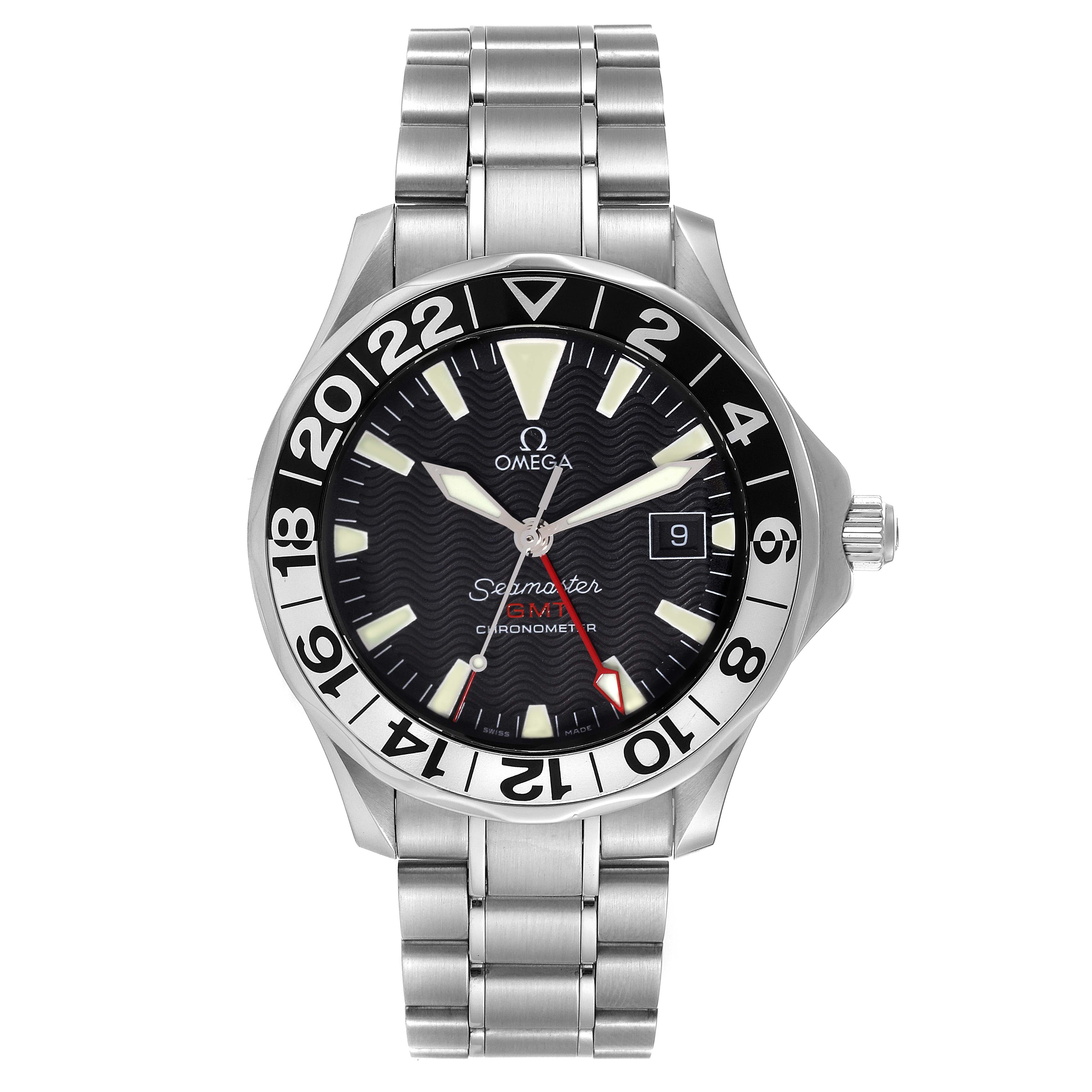 This image shows a front view of the Omega Seamaster 2234.50.00 Men's Stainless Steel Black Dial 2234.50.00 Men's Stainless Steel Black Dial watch, displaying the face, bezel, and stainless steel bracelet.