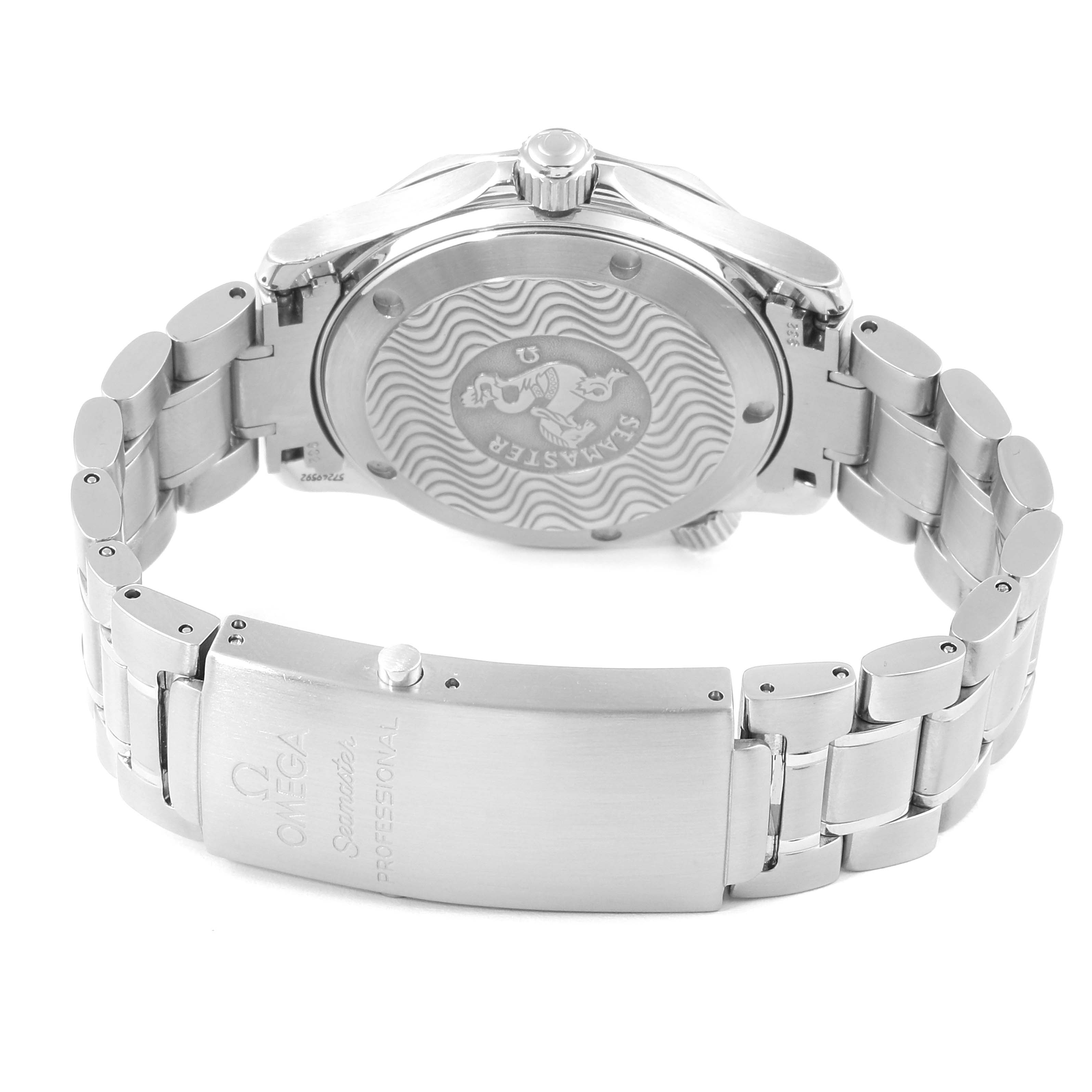 The image shows the back case and stainless steel bracelet of an Omega Seamaster 2262.50.00 Men
s Stainless Steel Black Dial 2262.50.00 Men
s Stainless Steel Black Dial watch, highlighting the engraved case back and clasp.