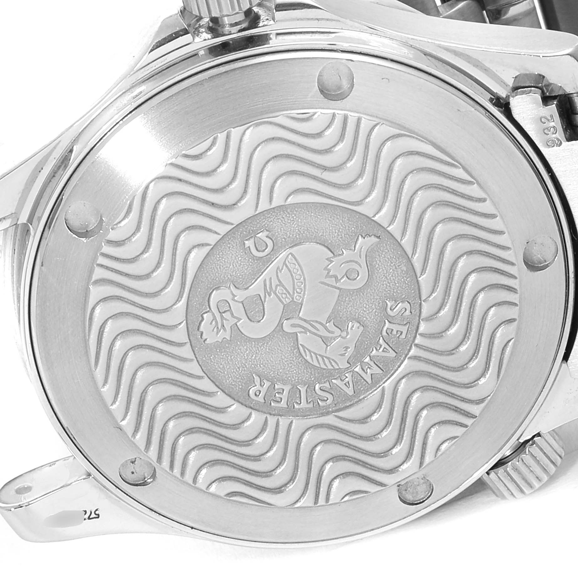 This image shows the case back of an Omega Seamaster 2262.50.00 Men
s Stainless Steel Black Dial 2262.50.00 Men
s Stainless Steel Black Dial watch, featuring an engraved design and the Seamaster logo.
