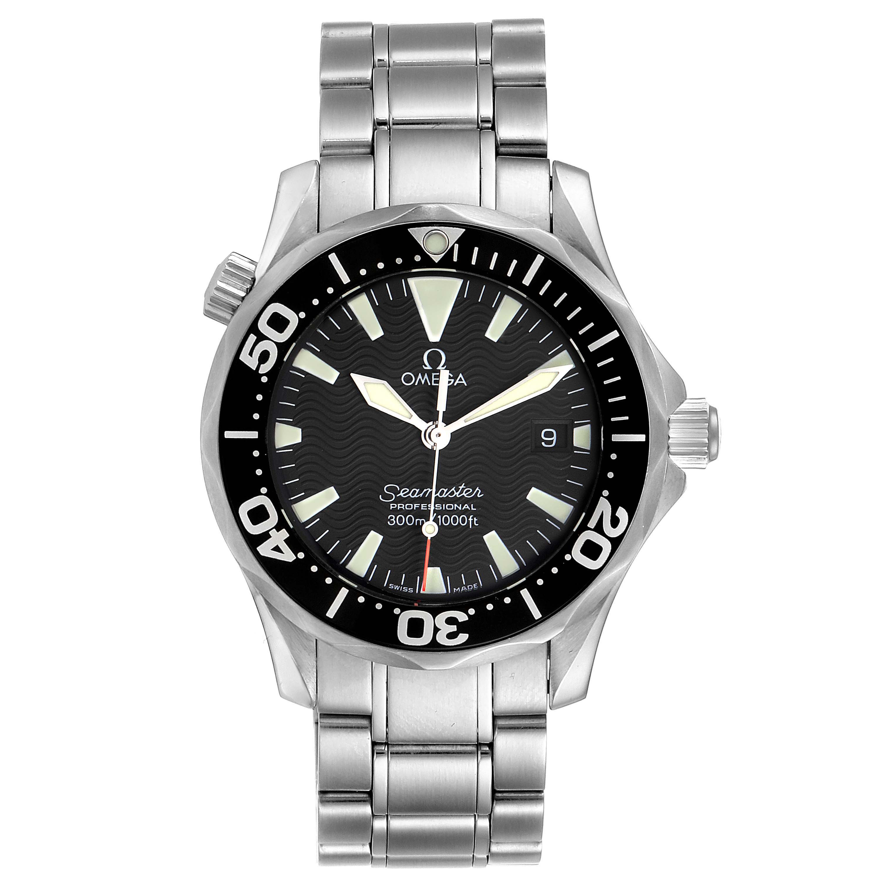 The image shows a front view of the Omega Seamaster 2262.50.00 Men
s Stainless Steel Black Dial 2262.50.00 Men
s Stainless Steel Black Dial watch, highlighting its bezel, dial, hands, crown, and stainless steel bracelet.