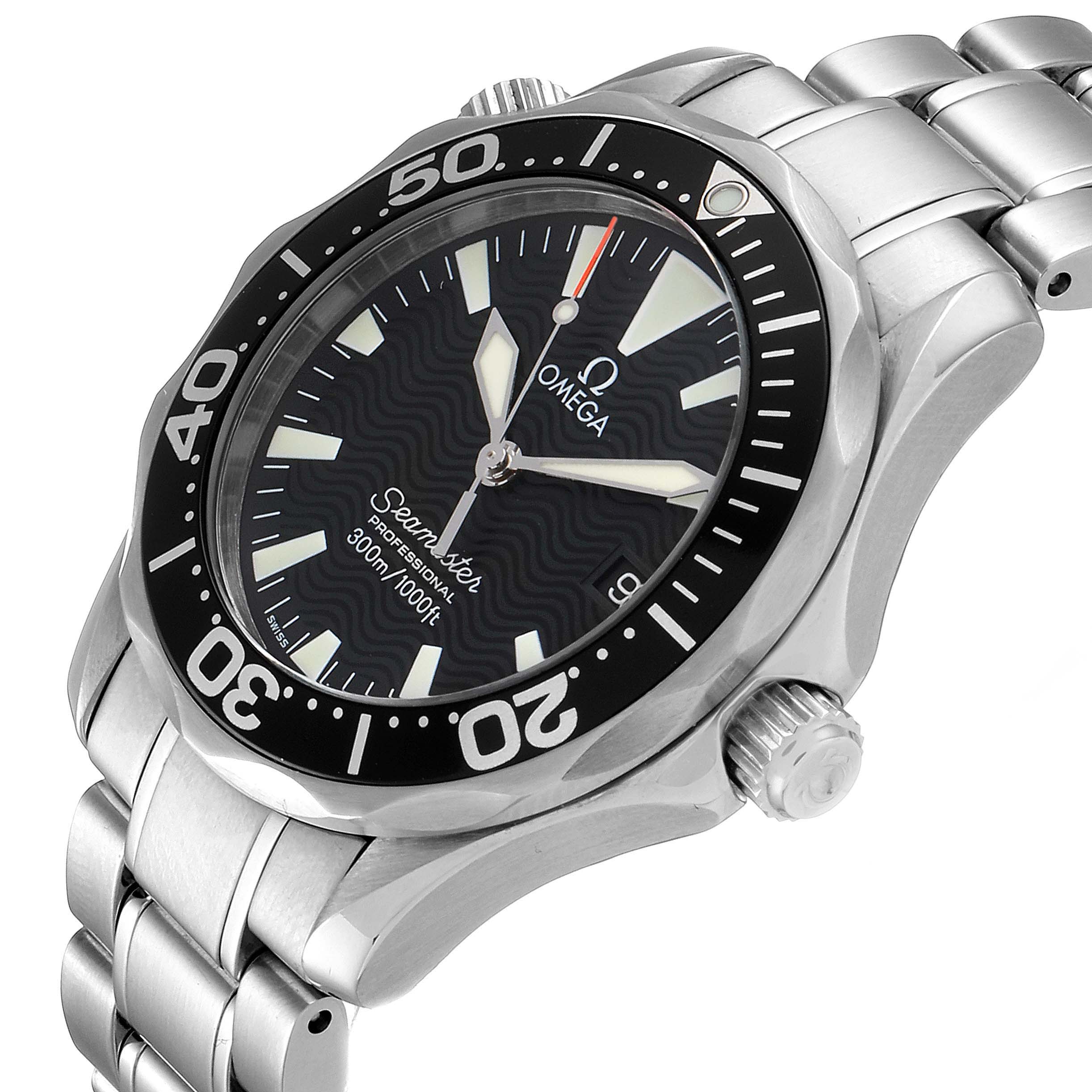 The image shows an angled close-up of an Omega Seamaster 2262.50.00 Men
s Stainless Steel Black Dial 2262.50.00 Men
s Stainless Steel Black Dial watch, highlighting the face, bezel, crown, and part of the bracelet.