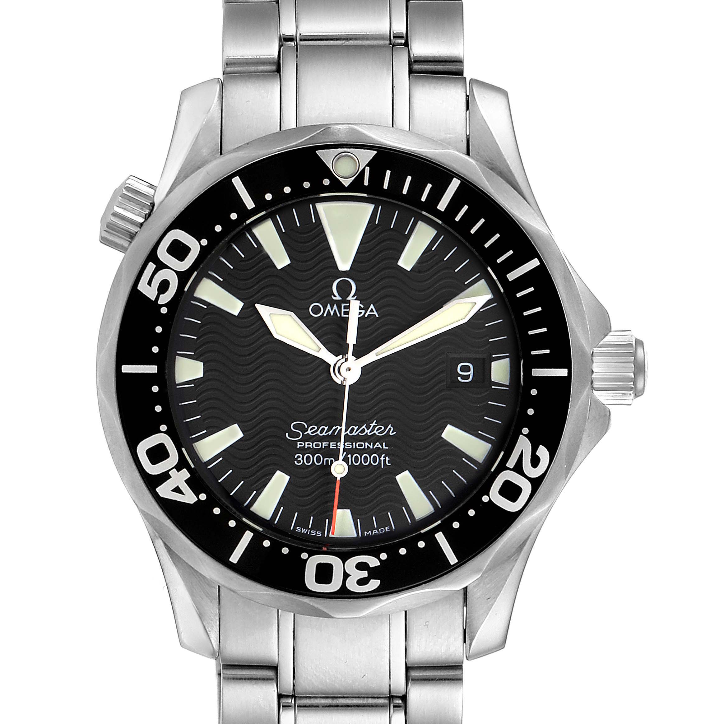 The Omega Seamaster 2262.50.00 Men
s Stainless Steel Black Dial 2262.50.00 Men
s Stainless Steel Black Dial watch is shown from the front, highlighting its face, bezel, and stainless steel bracelet.
