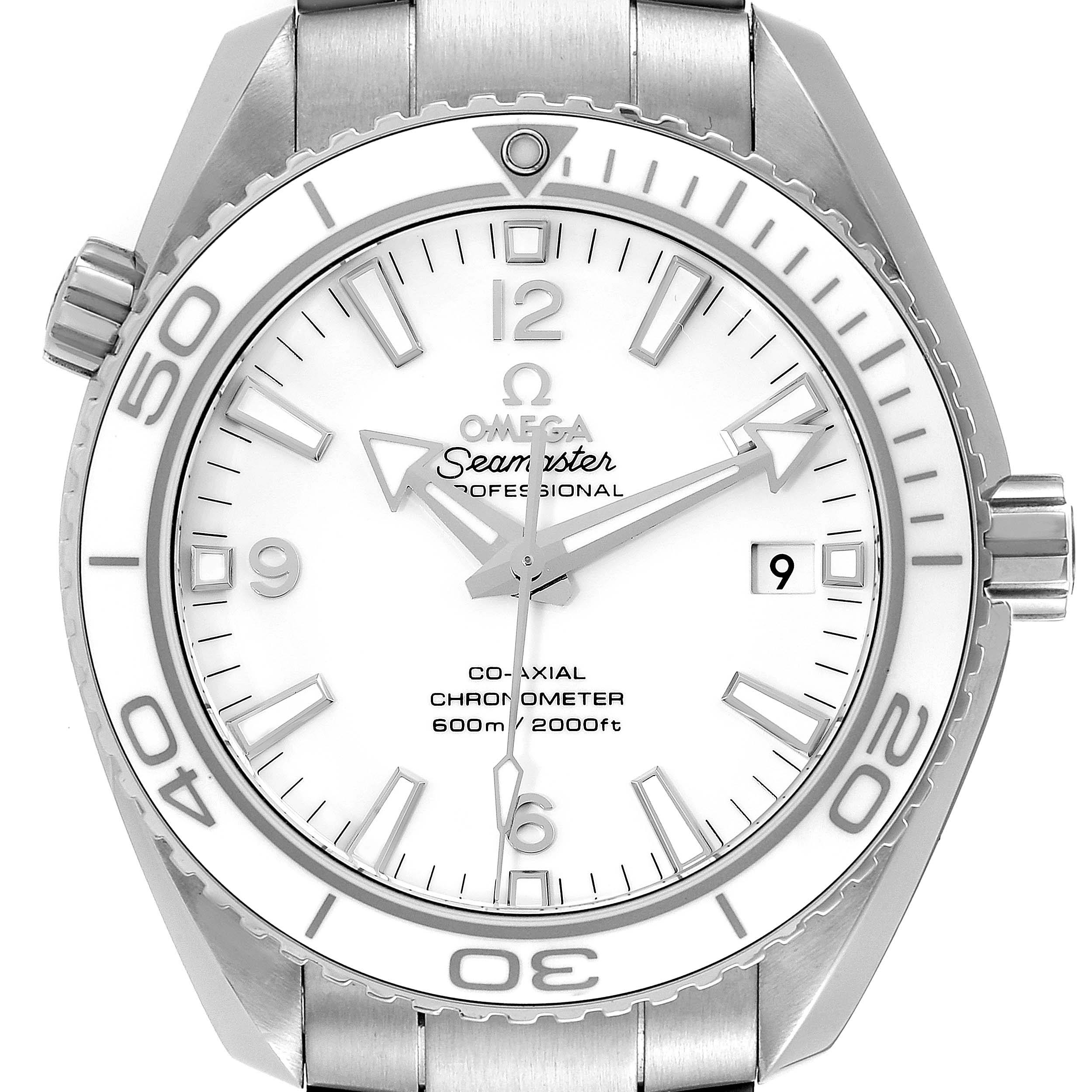 This image shows a front view of the Omega Planet Ocean 232.30.42.21.04.001 Men
s Stainless Steel White Dial 232.30.42.21.04.001 Men
s Stainless Steel White Dial Seamaster watch, highlighting its white bezel and dial.